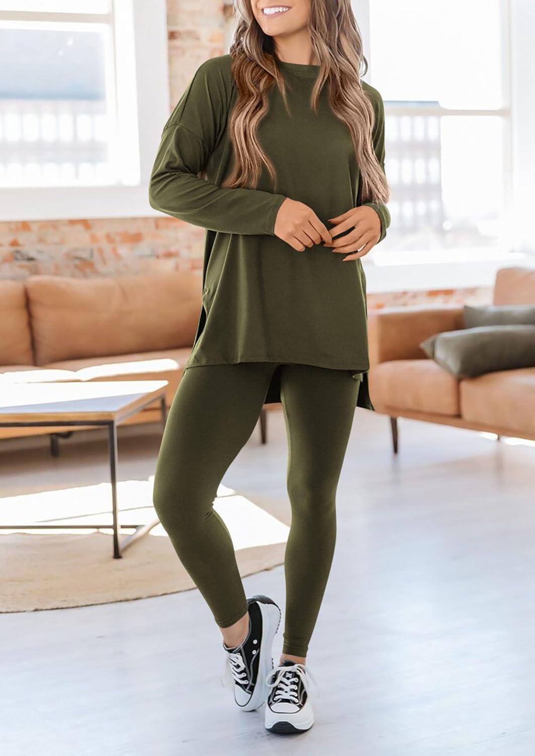 imagePRETTYGARDEN Womens 2 Piece Outfits 2026 Spring Long Sleeve Tunic Tops Legging Pants Fall Matching Lounge Sets SweatsuitsArmy Green