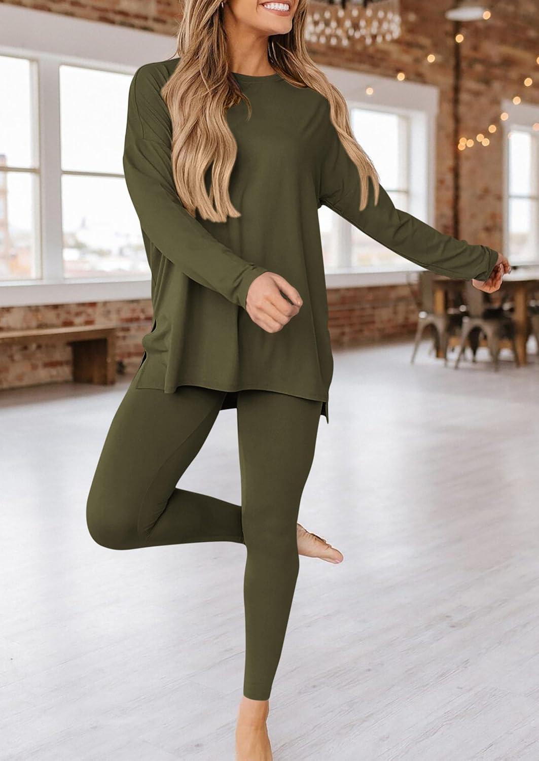 imagePRETTYGARDEN Womens 2 Piece Outfits 2026 Spring Long Sleeve Tunic Tops Legging Pants Fall Matching Lounge Sets SweatsuitsArmy Green