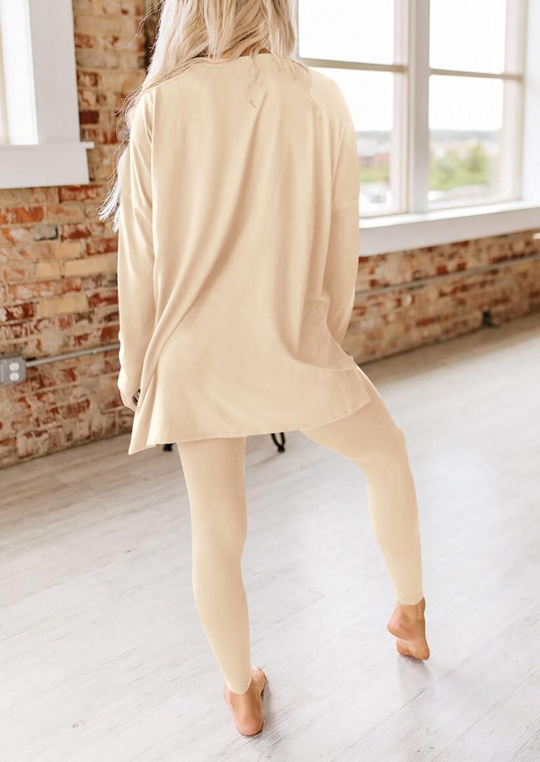 imagePRETTYGARDEN Womens 2 Piece Outfits 2026 Spring Long Sleeve Tunic Tops Legging Pants Fall Matching Lounge Sets SweatsuitsBeige