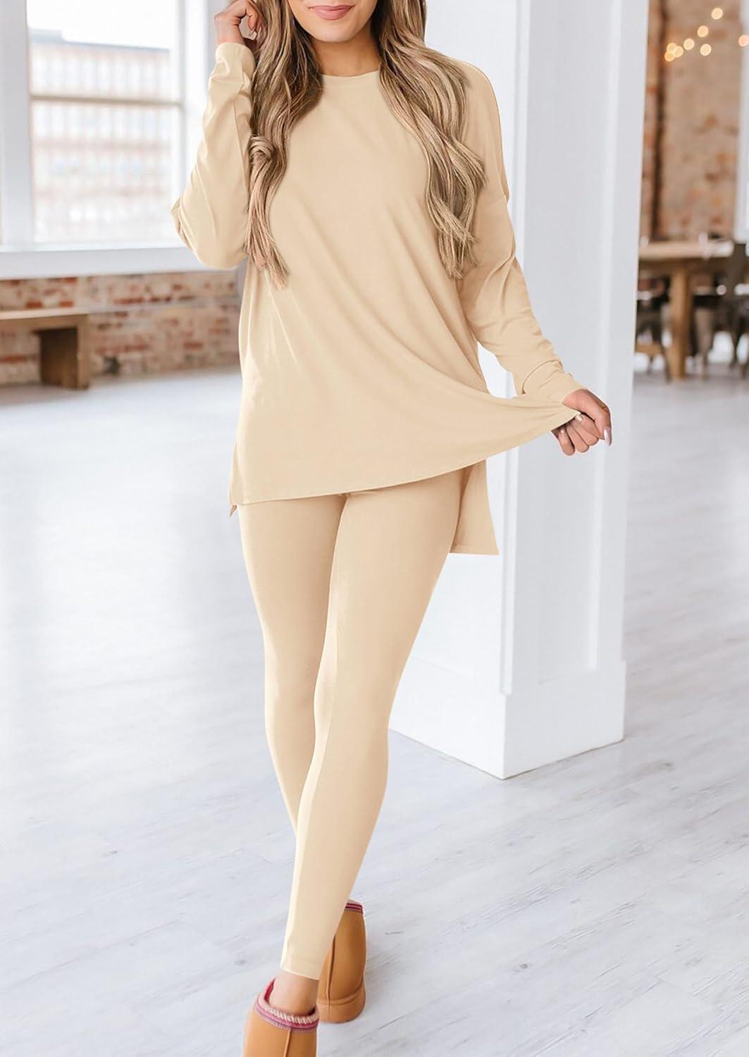 imagePRETTYGARDEN Womens 2 Piece Outfits 2026 Spring Long Sleeve Tunic Tops Legging Pants Fall Matching Lounge Sets SweatsuitsBeige