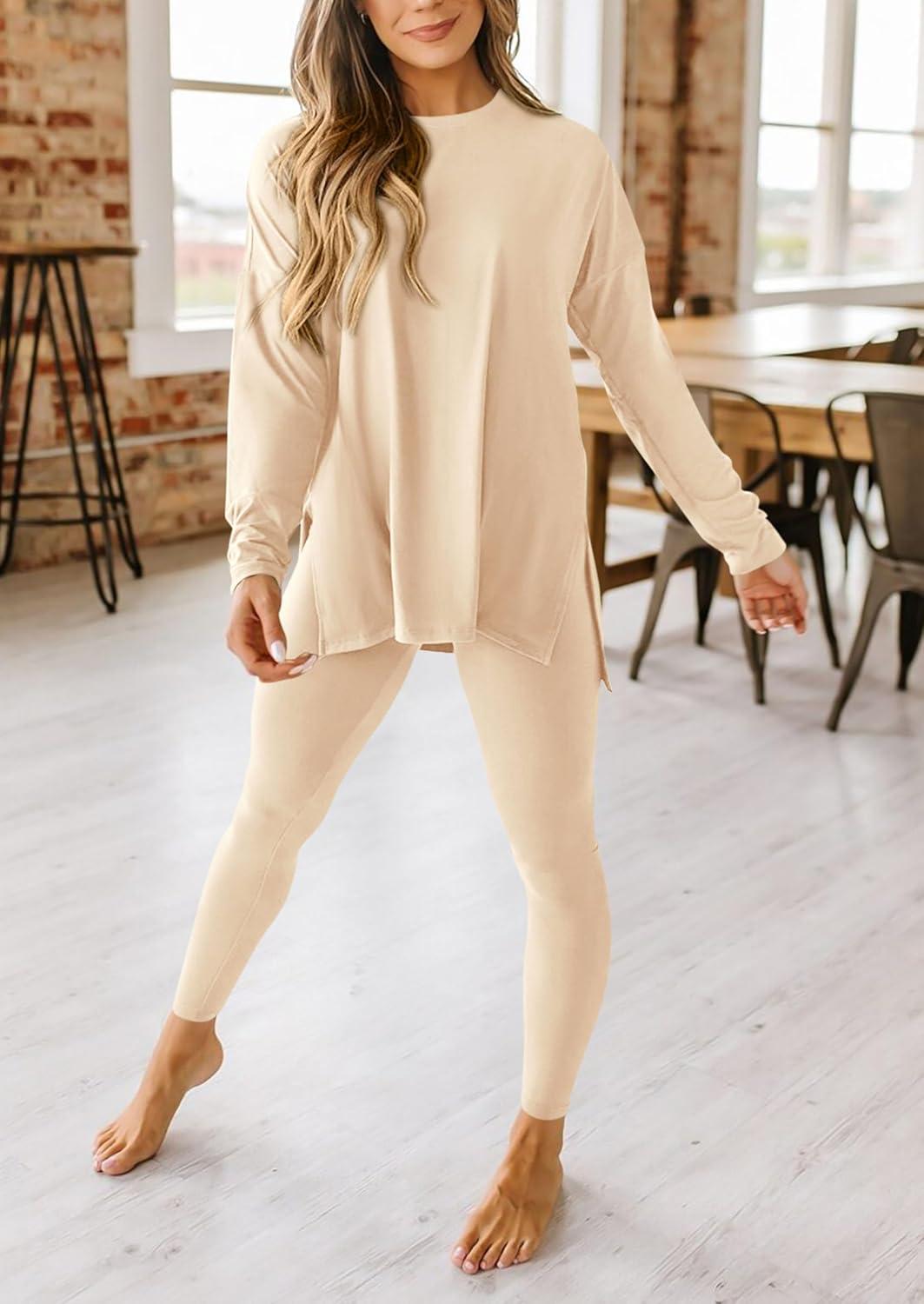 imagePRETTYGARDEN Womens 2 Piece Outfits 2026 Spring Long Sleeve Tunic Tops Legging Pants Fall Matching Lounge Sets SweatsuitsBeige