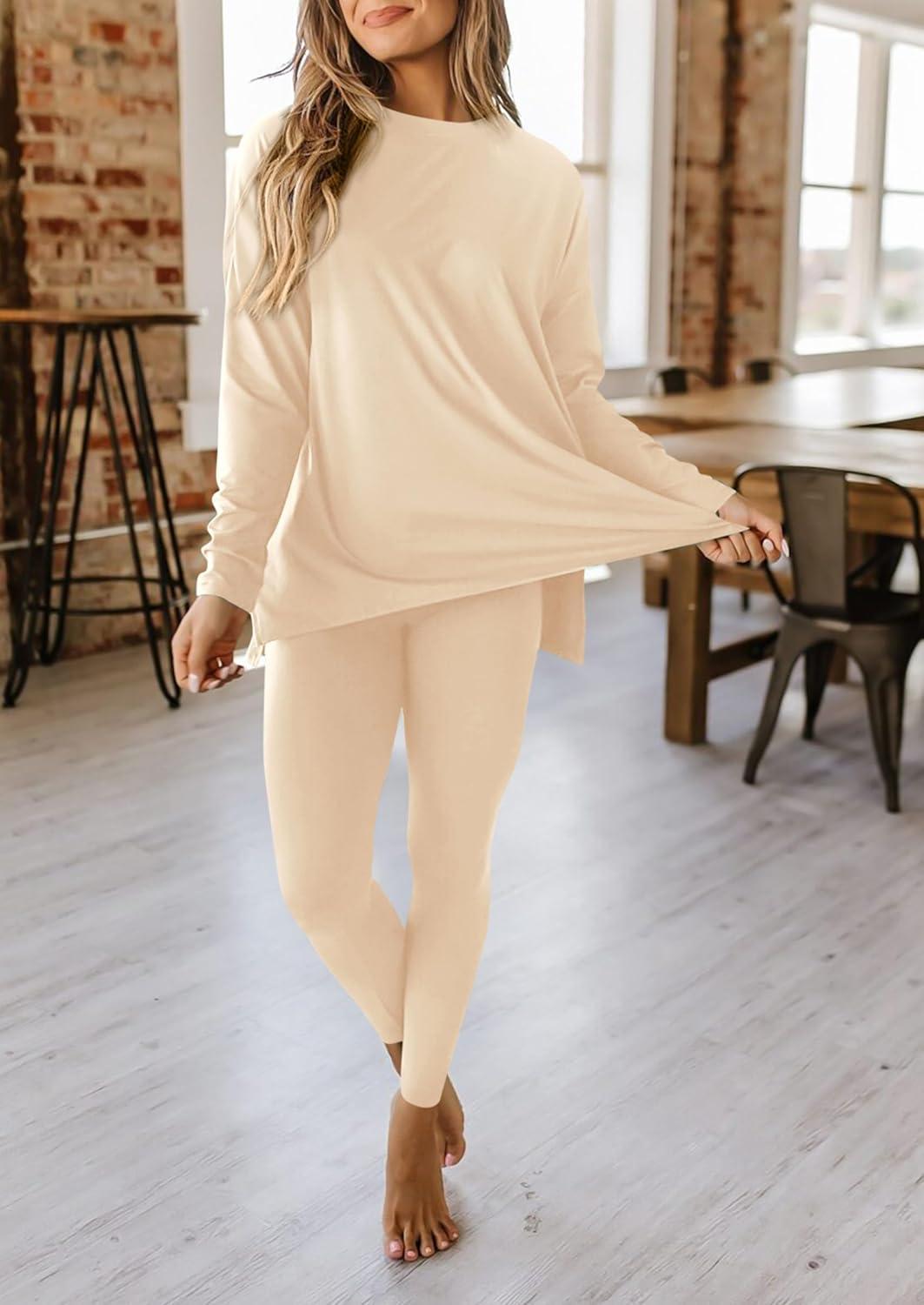 imagePRETTYGARDEN Womens 2 Piece Outfits 2026 Spring Long Sleeve Tunic Tops Legging Pants Fall Matching Lounge Sets SweatsuitsBeige