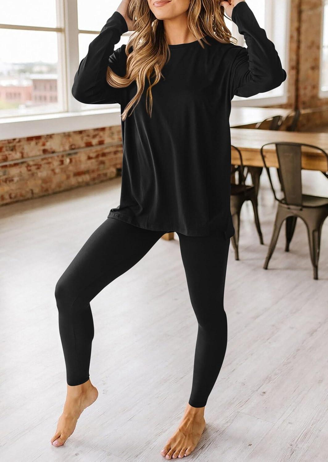 imagePRETTYGARDEN Womens 2 Piece Outfits 2026 Spring Long Sleeve Tunic Tops Legging Pants Fall Matching Lounge Sets SweatsuitsBlack