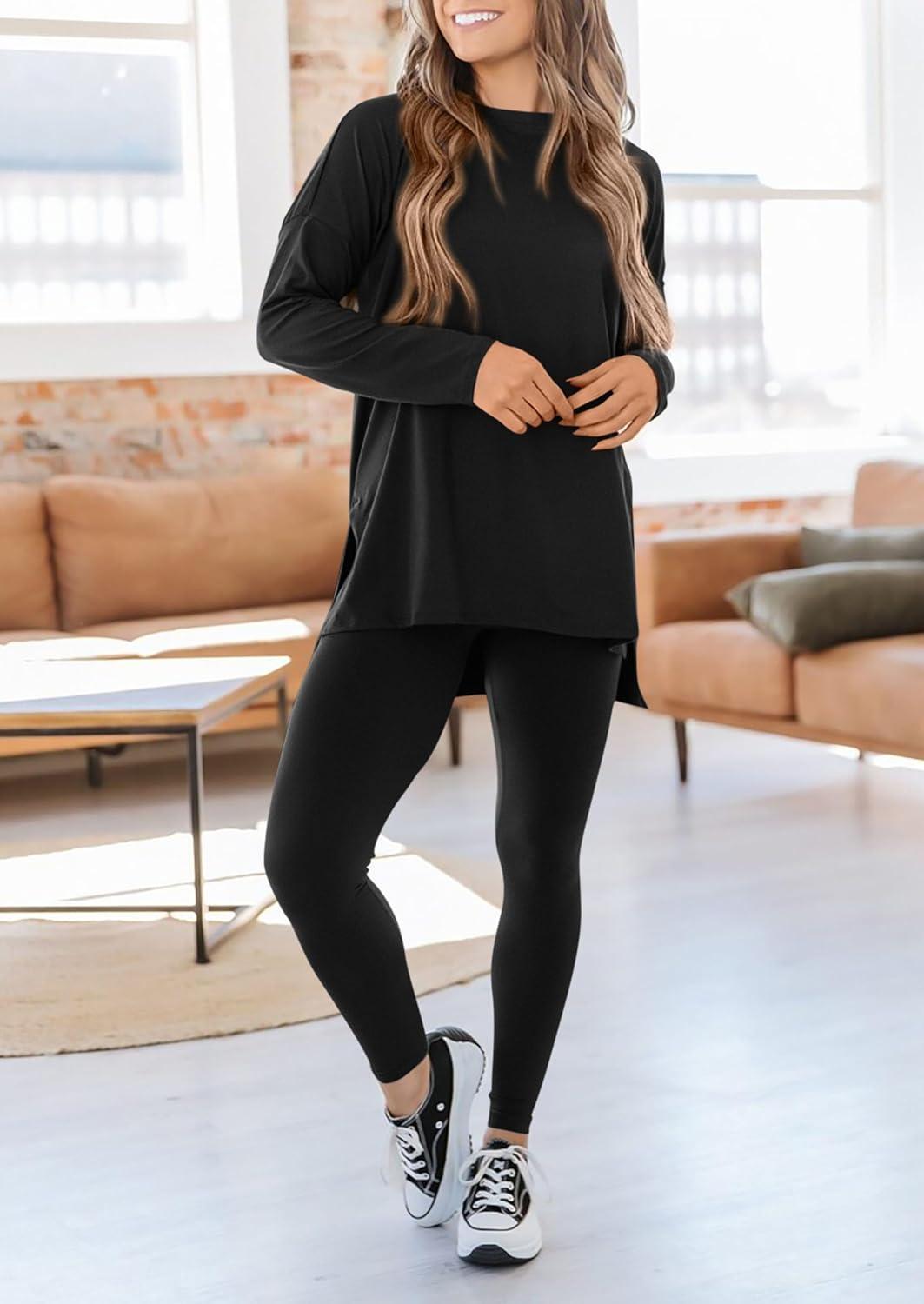 imagePRETTYGARDEN Womens 2 Piece Outfits 2026 Spring Long Sleeve Tunic Tops Legging Pants Fall Matching Lounge Sets SweatsuitsBlack