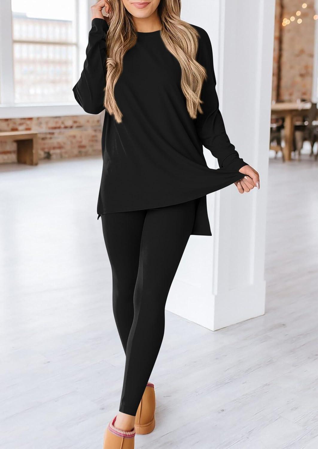 imagePRETTYGARDEN Womens 2 Piece Outfits 2026 Spring Long Sleeve Tunic Tops Legging Pants Fall Matching Lounge Sets SweatsuitsBlack