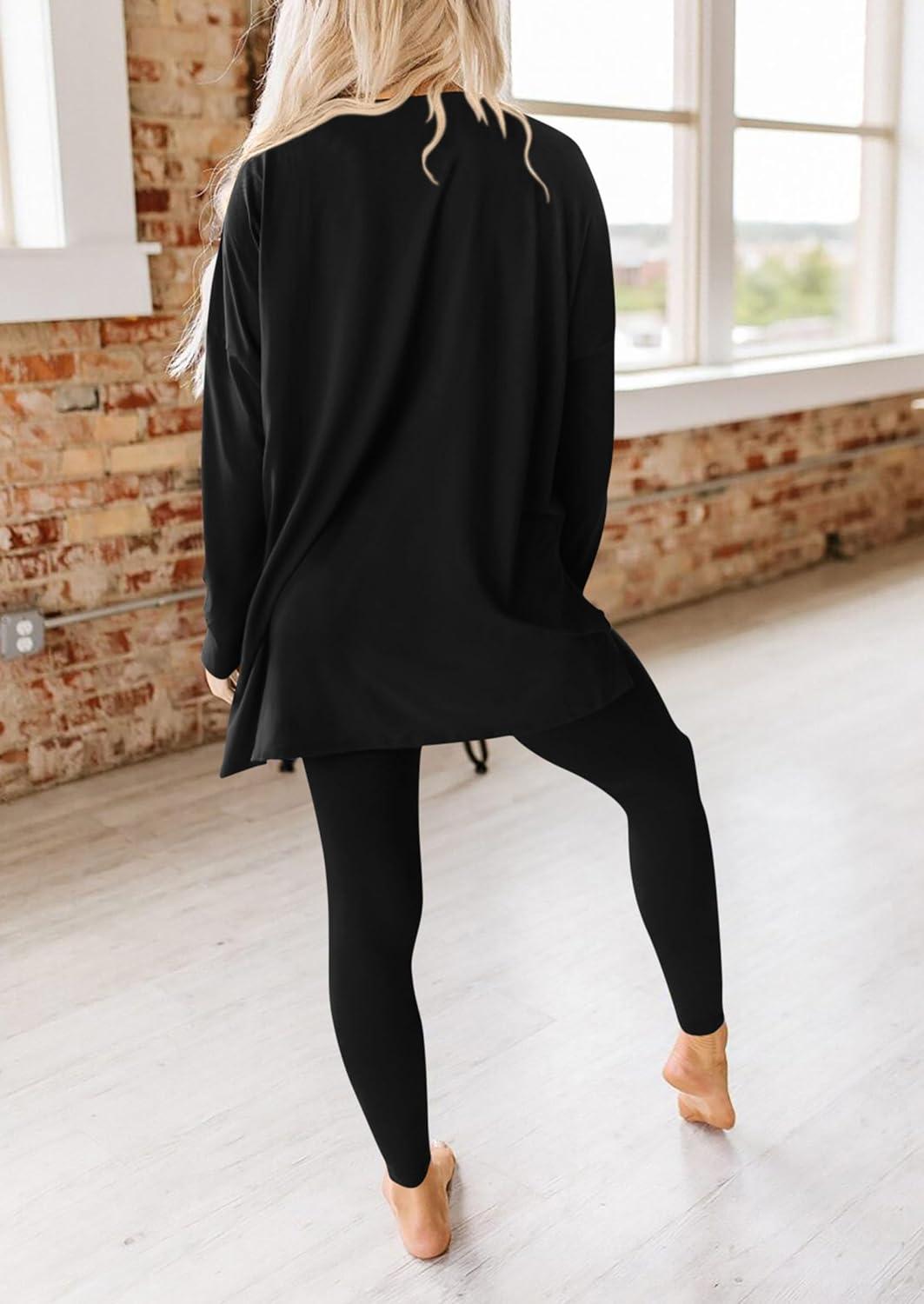 imagePRETTYGARDEN Womens 2 Piece Outfits 2026 Spring Long Sleeve Tunic Tops Legging Pants Fall Matching Lounge Sets SweatsuitsBlack