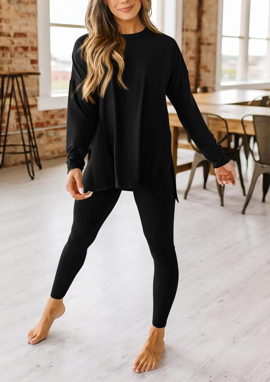 imagePRETTYGARDEN Womens 2 Piece Outfits 2026 Spring Long Sleeve Tunic Tops Legging Pants Fall Matching Lounge Sets SweatsuitsBlack
