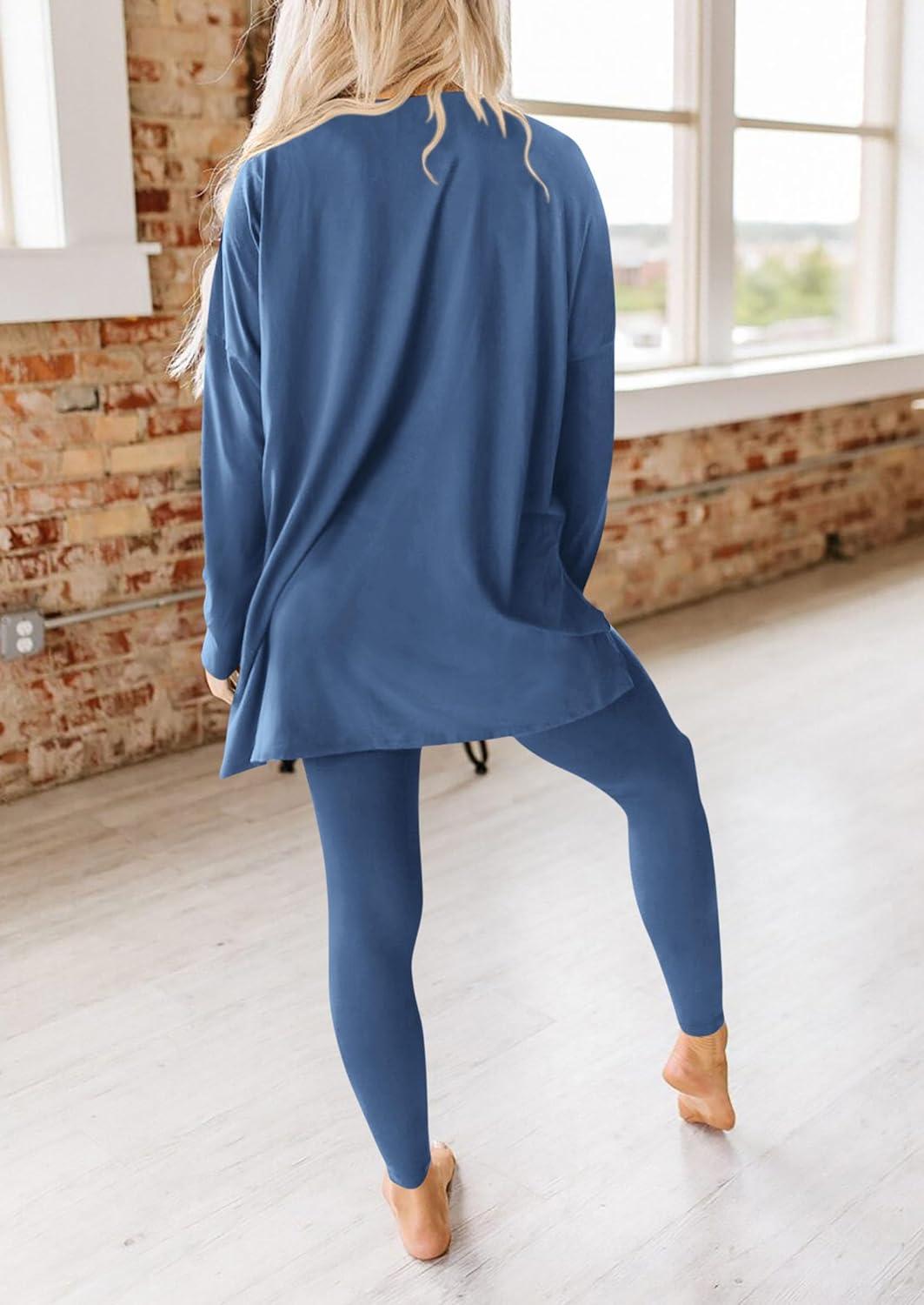 imagePRETTYGARDEN Womens 2 Piece Outfits 2026 Spring Long Sleeve Tunic Tops Legging Pants Fall Matching Lounge Sets SweatsuitsBlue