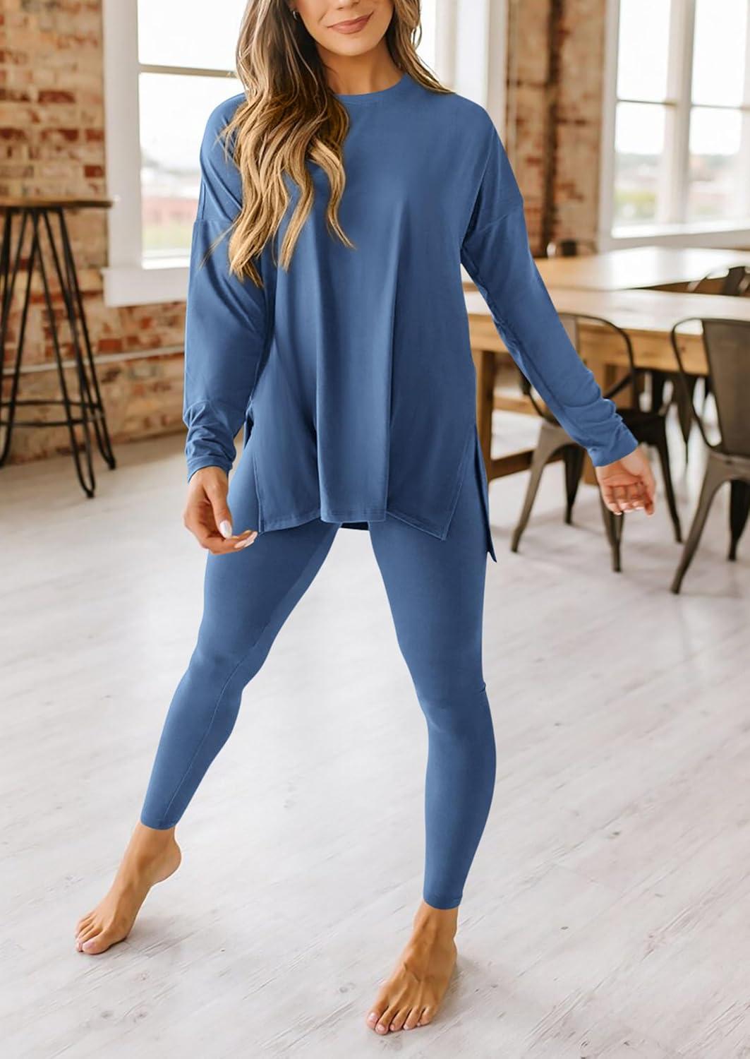 imagePRETTYGARDEN Womens 2 Piece Outfits 2026 Spring Long Sleeve Tunic Tops Legging Pants Fall Matching Lounge Sets SweatsuitsBlue