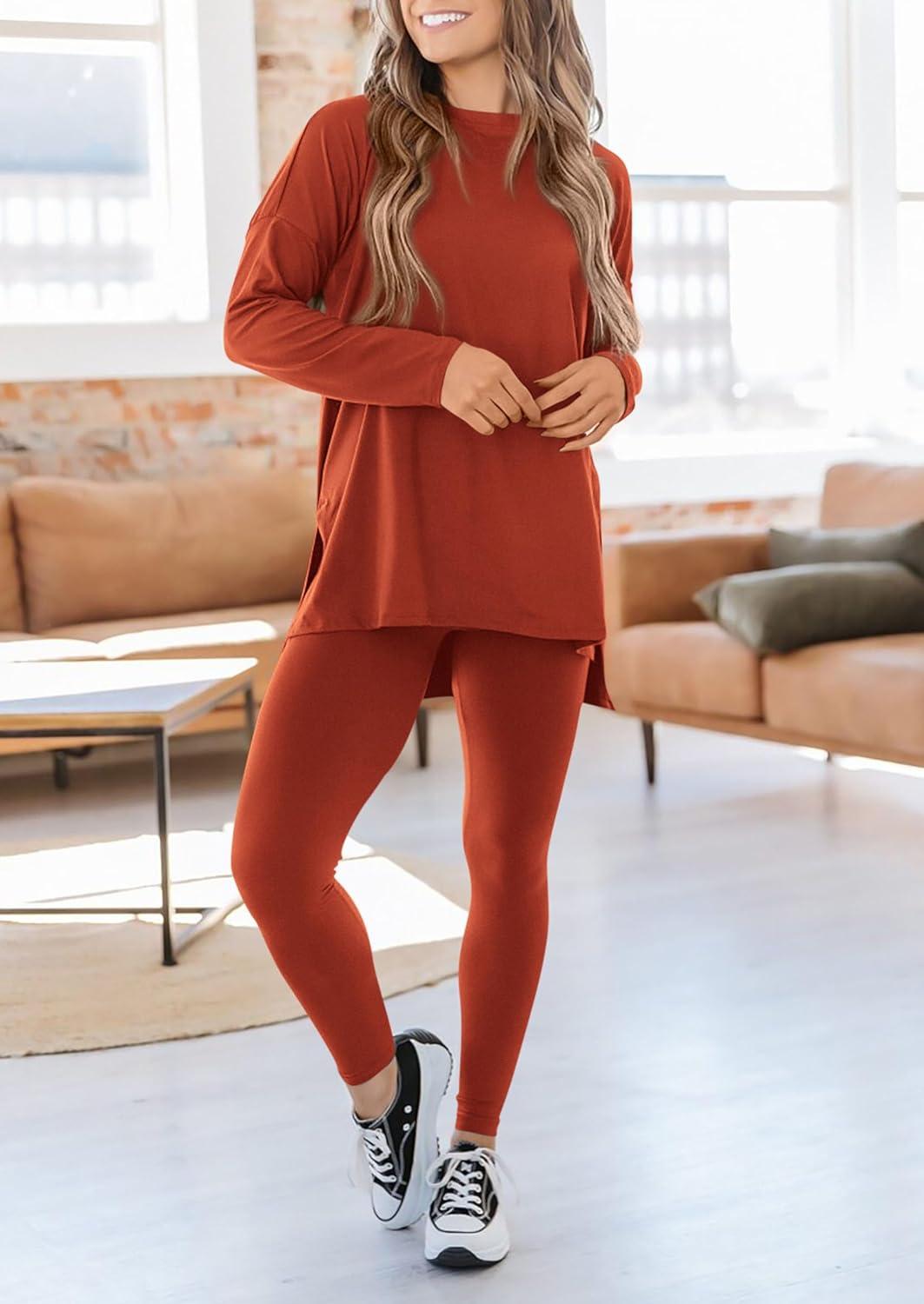 imagePRETTYGARDEN Womens 2 Piece Outfits 2026 Spring Long Sleeve Tunic Tops Legging Pants Fall Matching Lounge Sets SweatsuitsBrick Red