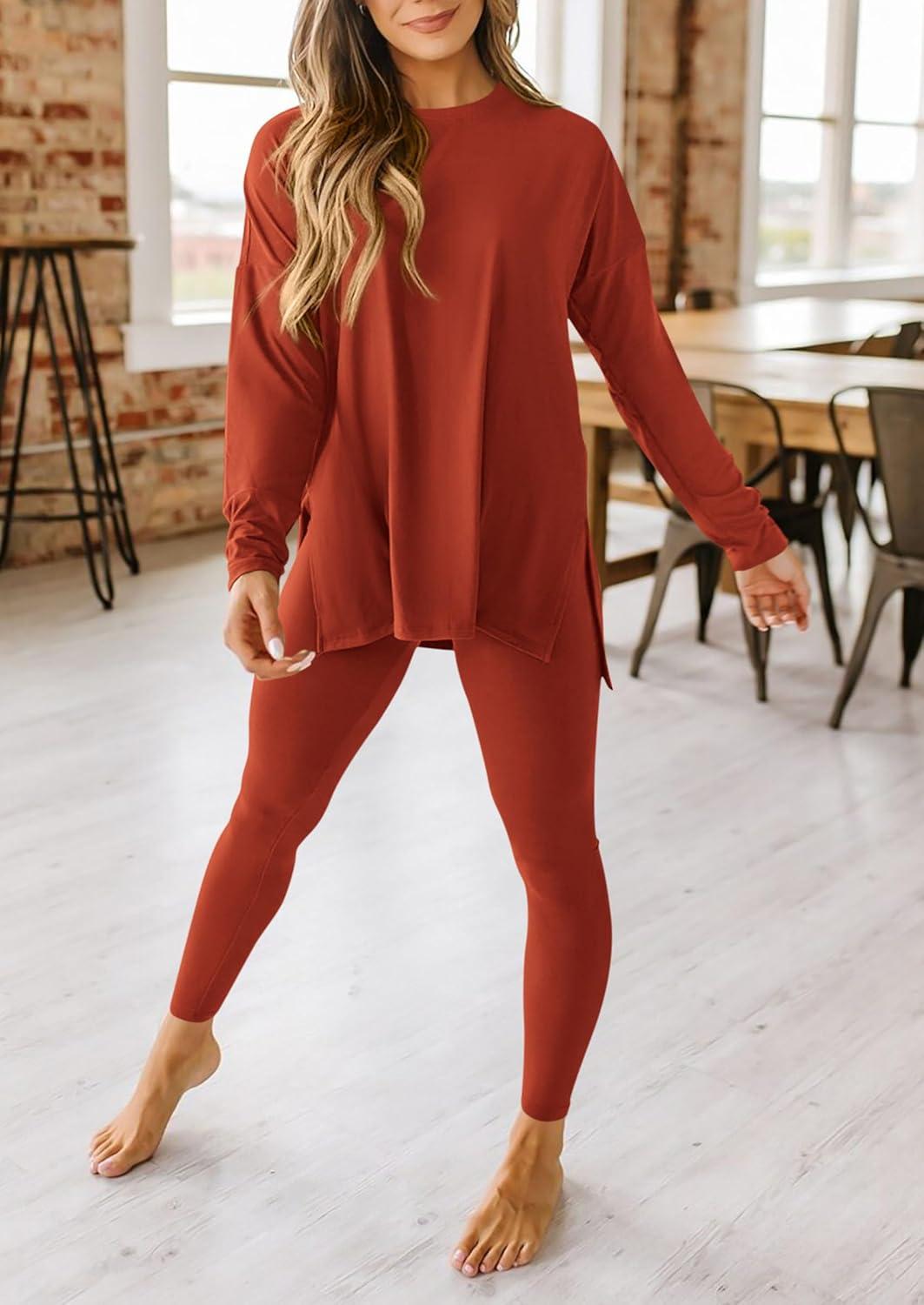 imagePRETTYGARDEN Womens 2 Piece Outfits 2026 Spring Long Sleeve Tunic Tops Legging Pants Fall Matching Lounge Sets SweatsuitsBrick Red