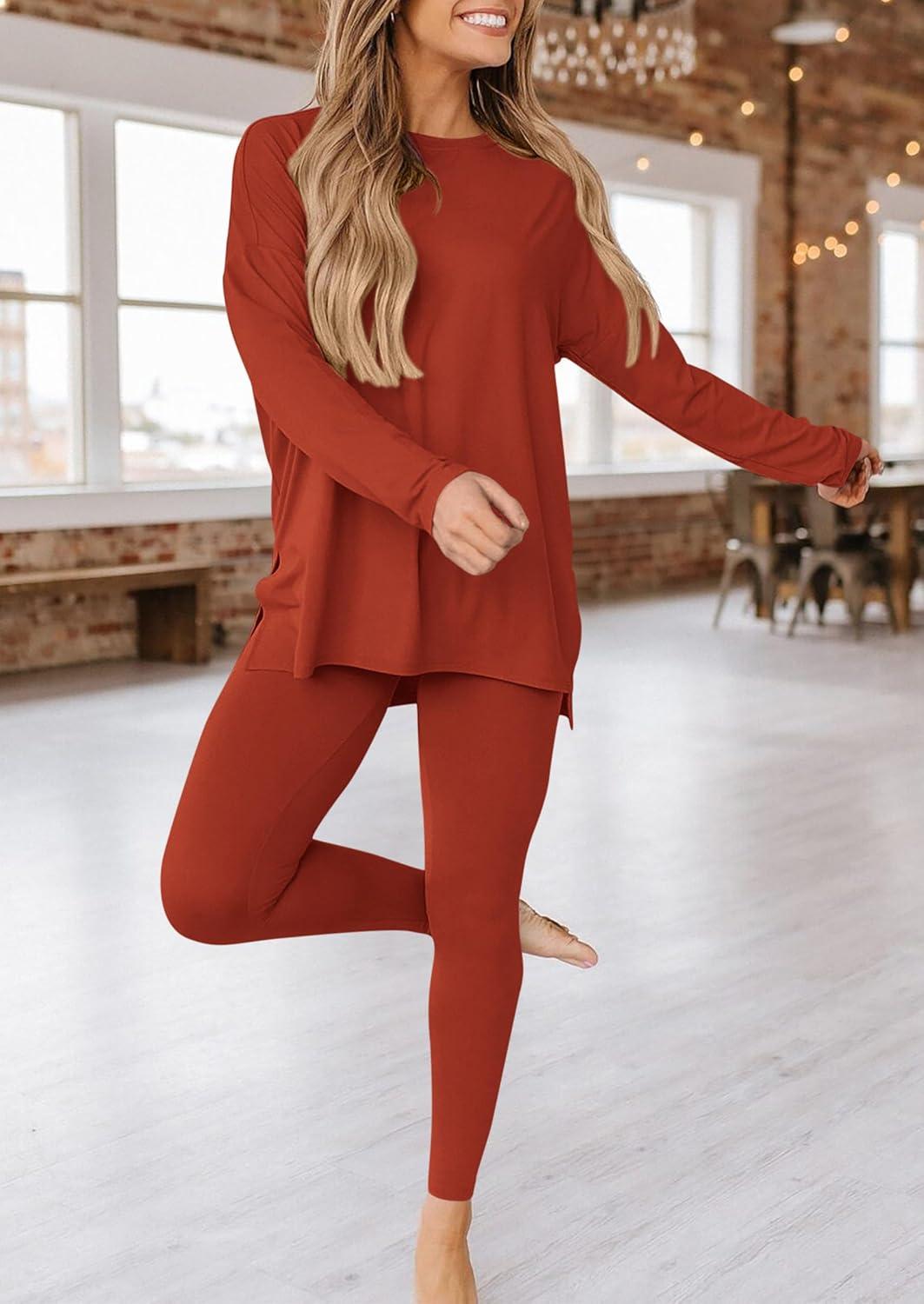 imagePRETTYGARDEN Womens 2 Piece Outfits 2026 Spring Long Sleeve Tunic Tops Legging Pants Fall Matching Lounge Sets SweatsuitsBrick Red
