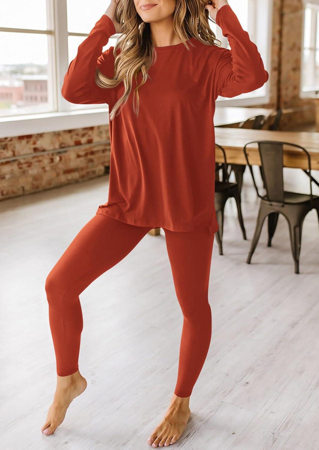imagePRETTYGARDEN Womens 2 Piece Outfits 2026 Spring Long Sleeve Tunic Tops Legging Pants Fall Matching Lounge Sets SweatsuitsBrick Red