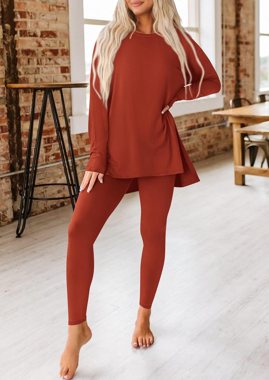 imagePRETTYGARDEN Womens 2 Piece Outfits 2026 Spring Long Sleeve Tunic Tops Legging Pants Fall Matching Lounge Sets SweatsuitsBrick Red
