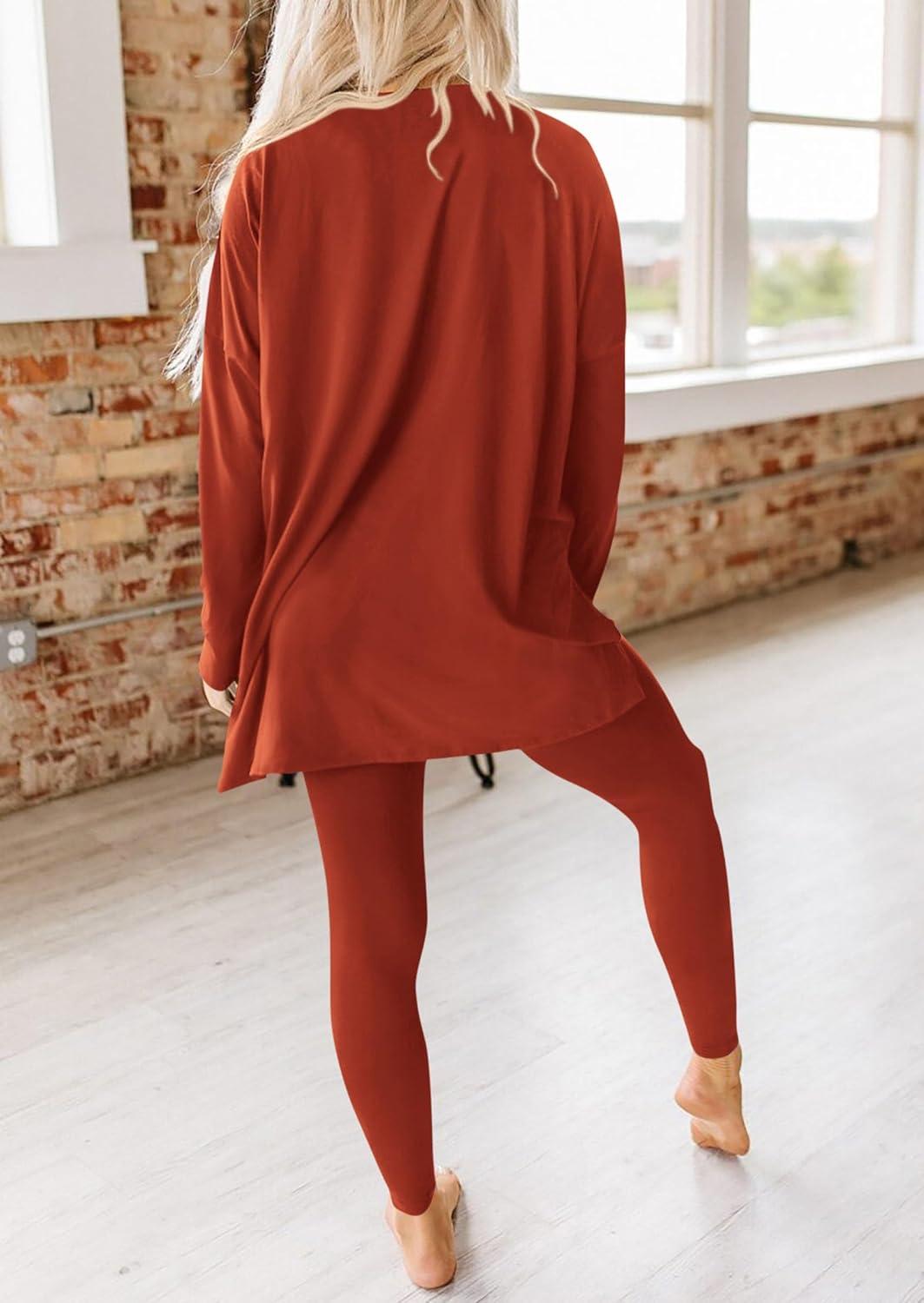 imagePRETTYGARDEN Womens 2 Piece Outfits 2026 Spring Long Sleeve Tunic Tops Legging Pants Fall Matching Lounge Sets SweatsuitsBrick Red
