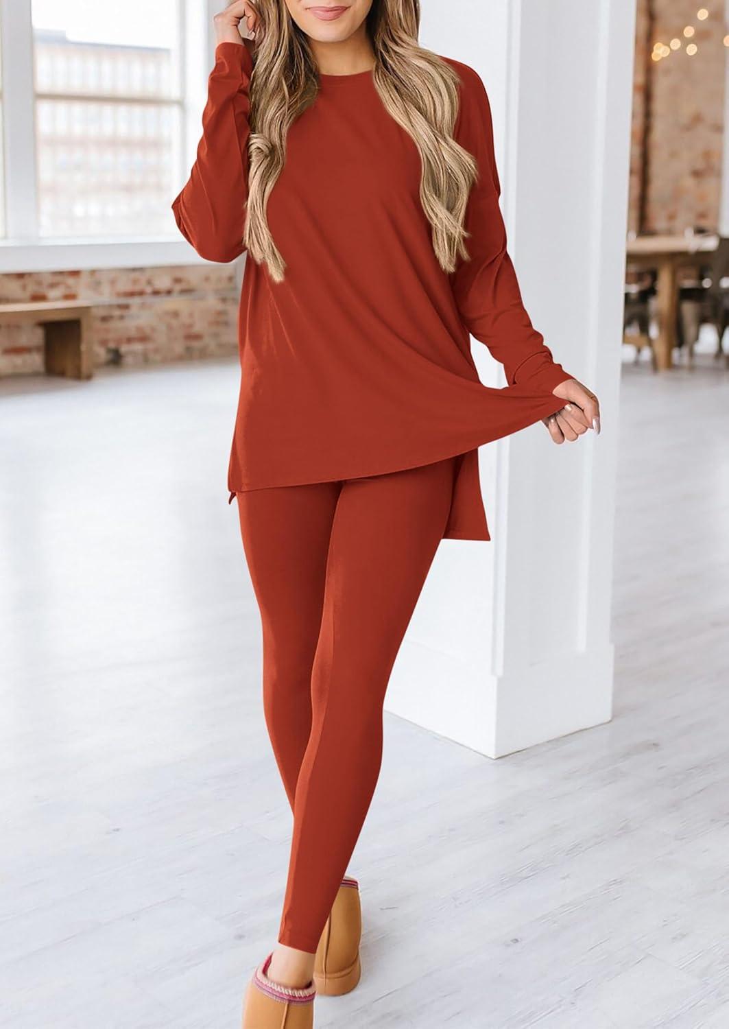 imagePRETTYGARDEN Womens 2 Piece Outfits 2026 Spring Long Sleeve Tunic Tops Legging Pants Fall Matching Lounge Sets SweatsuitsBrick Red
