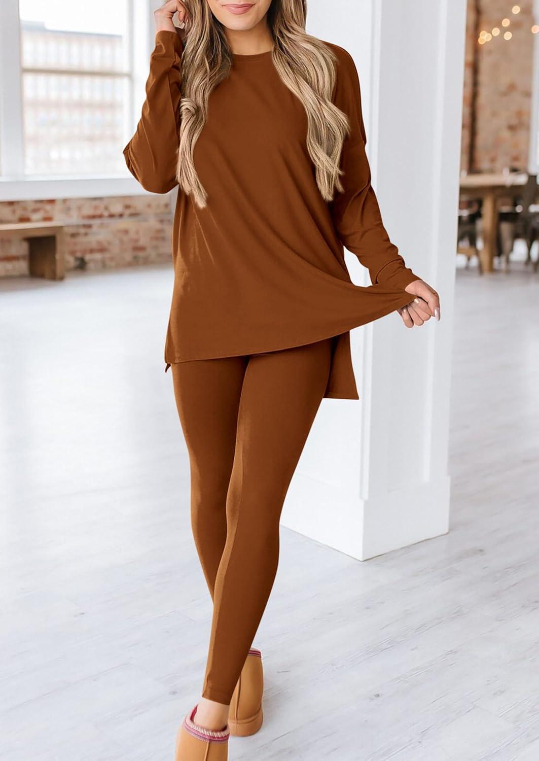 imagePRETTYGARDEN Womens 2 Piece Outfits 2026 Spring Long Sleeve Tunic Tops Legging Pants Fall Matching Lounge Sets SweatsuitsCaramel
