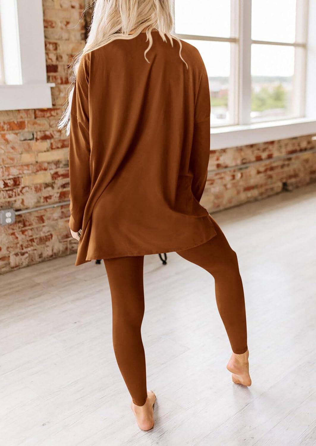 imagePRETTYGARDEN Womens 2 Piece Outfits 2026 Spring Long Sleeve Tunic Tops Legging Pants Fall Matching Lounge Sets SweatsuitsCaramel