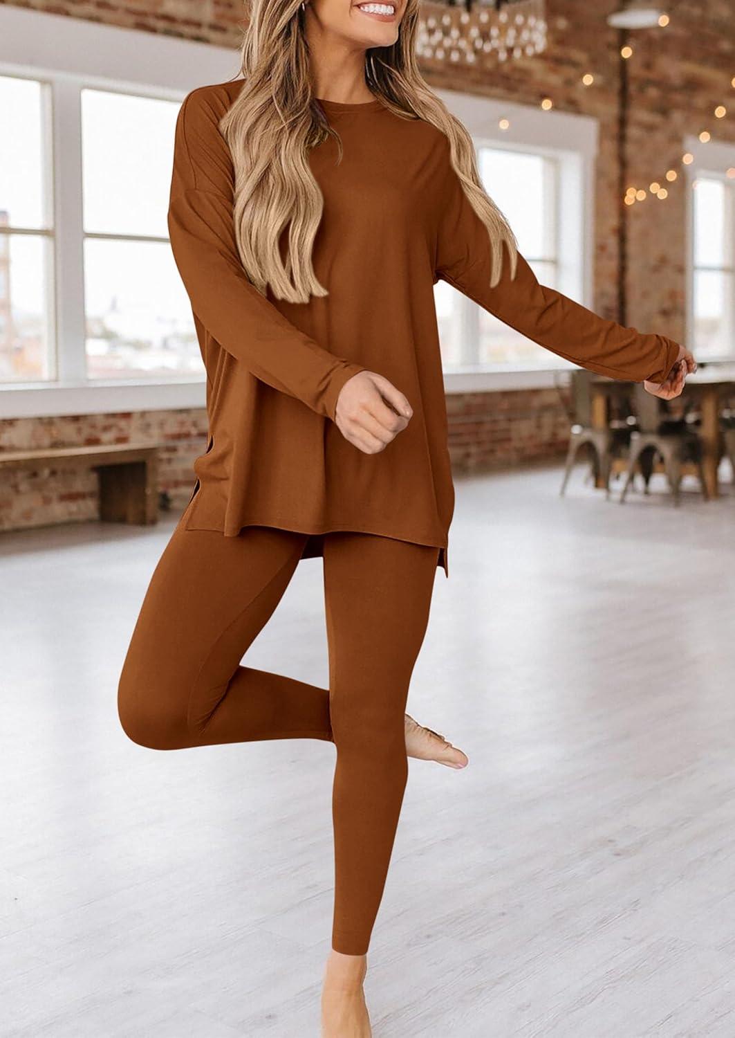 imagePRETTYGARDEN Womens 2 Piece Outfits 2026 Spring Long Sleeve Tunic Tops Legging Pants Fall Matching Lounge Sets SweatsuitsCaramel