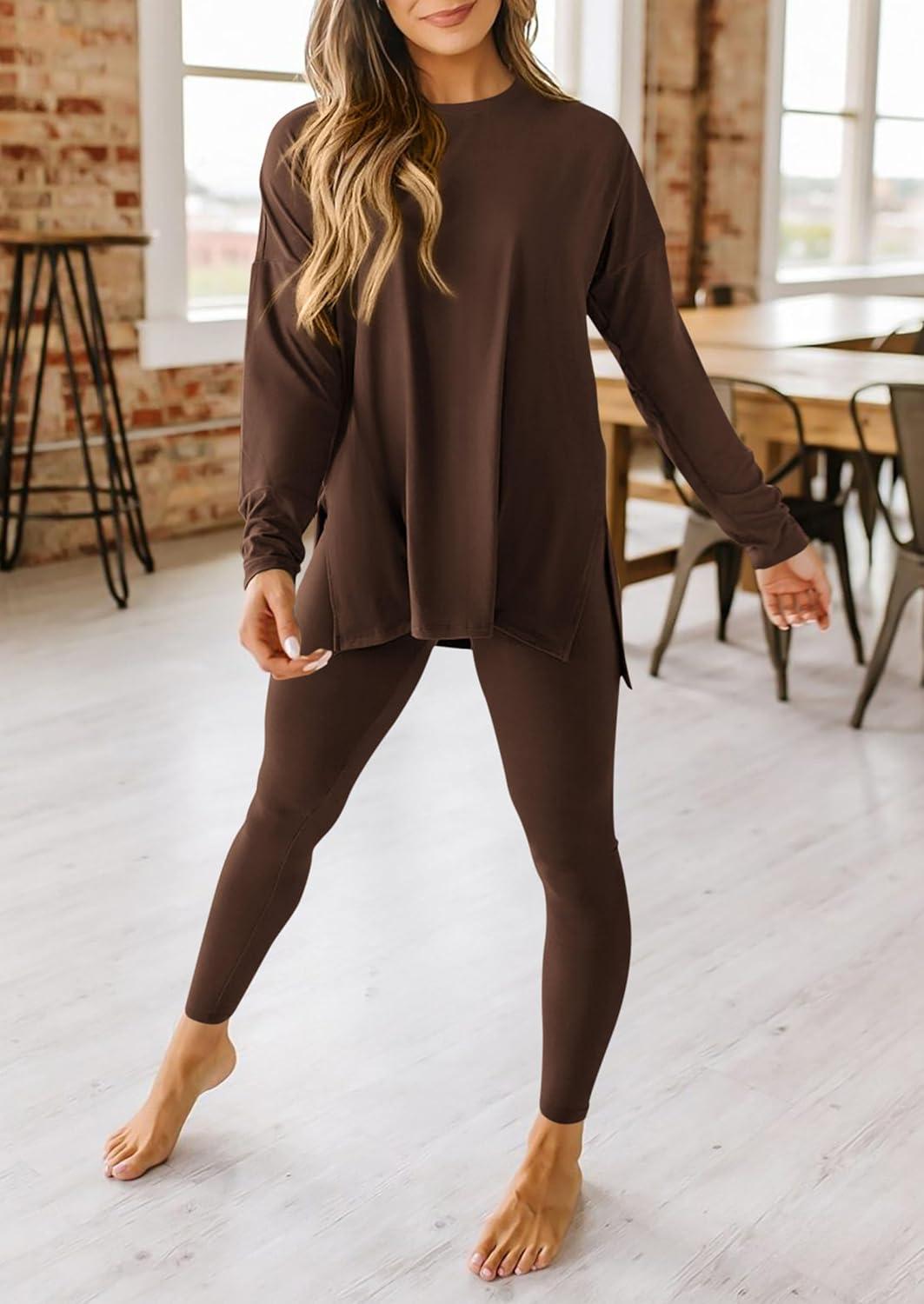 imagePRETTYGARDEN Womens 2 Piece Outfits 2026 Spring Long Sleeve Tunic Tops Legging Pants Fall Matching Lounge Sets SweatsuitsCoffee