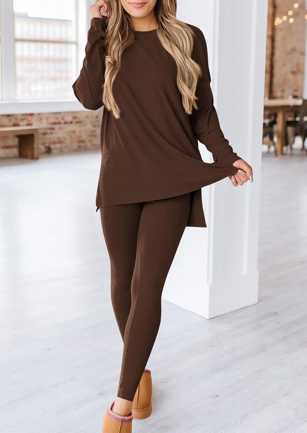 imagePRETTYGARDEN Womens 2 Piece Outfits 2026 Spring Long Sleeve Tunic Tops Legging Pants Fall Matching Lounge Sets SweatsuitsCoffee
