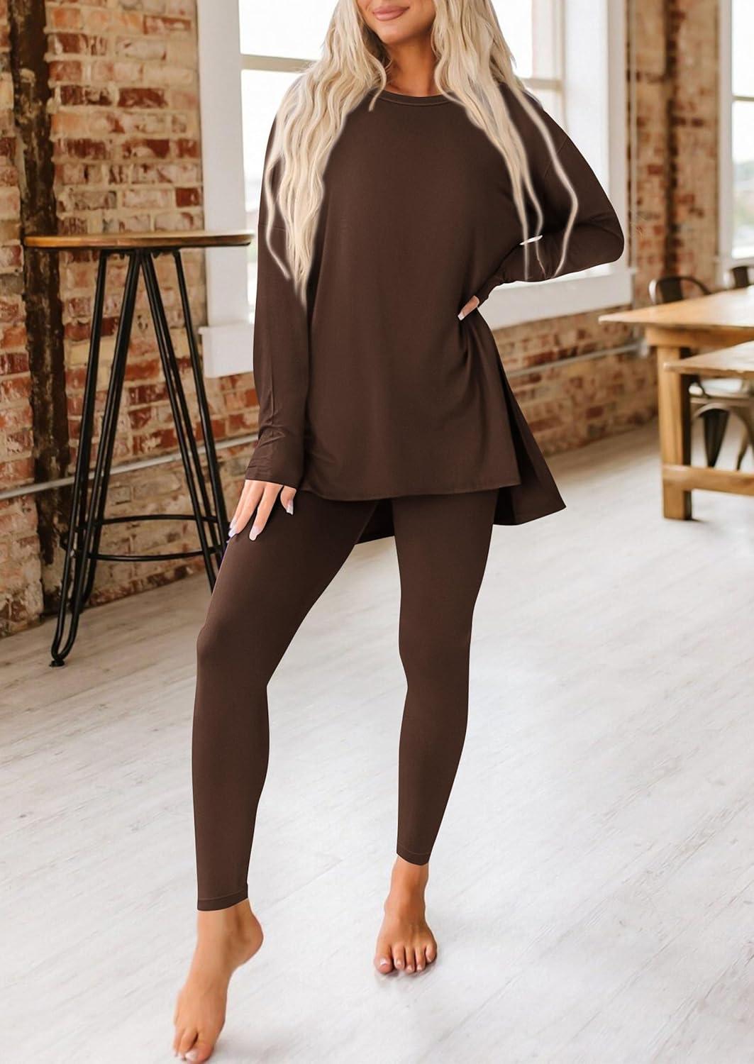 imagePRETTYGARDEN Womens 2 Piece Outfits 2026 Spring Long Sleeve Tunic Tops Legging Pants Fall Matching Lounge Sets SweatsuitsCoffee