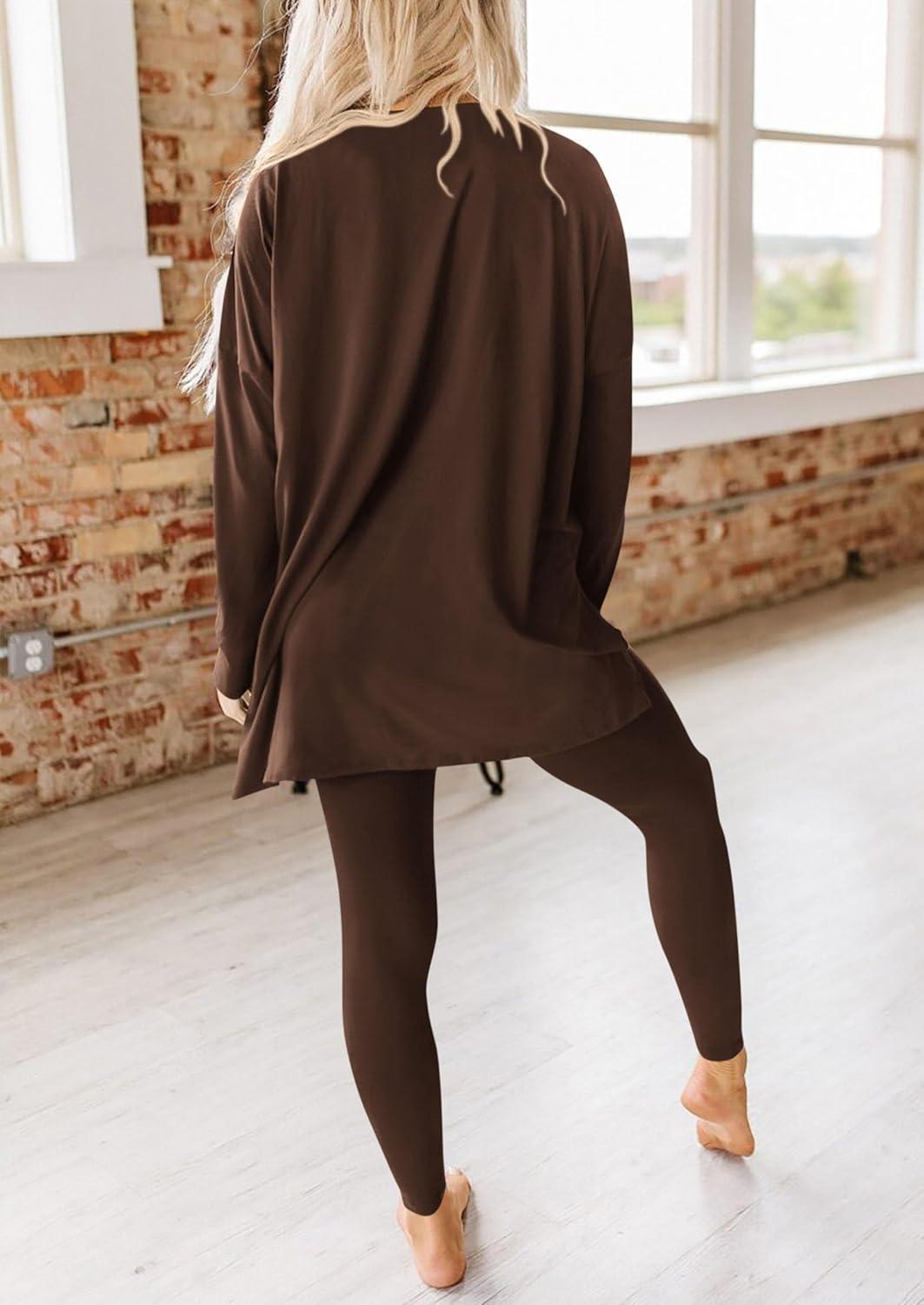 imagePRETTYGARDEN Womens 2 Piece Outfits 2026 Spring Long Sleeve Tunic Tops Legging Pants Fall Matching Lounge Sets SweatsuitsCoffee