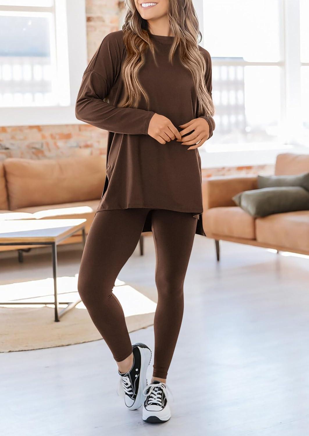 imagePRETTYGARDEN Womens 2 Piece Outfits 2026 Spring Long Sleeve Tunic Tops Legging Pants Fall Matching Lounge Sets SweatsuitsCoffee