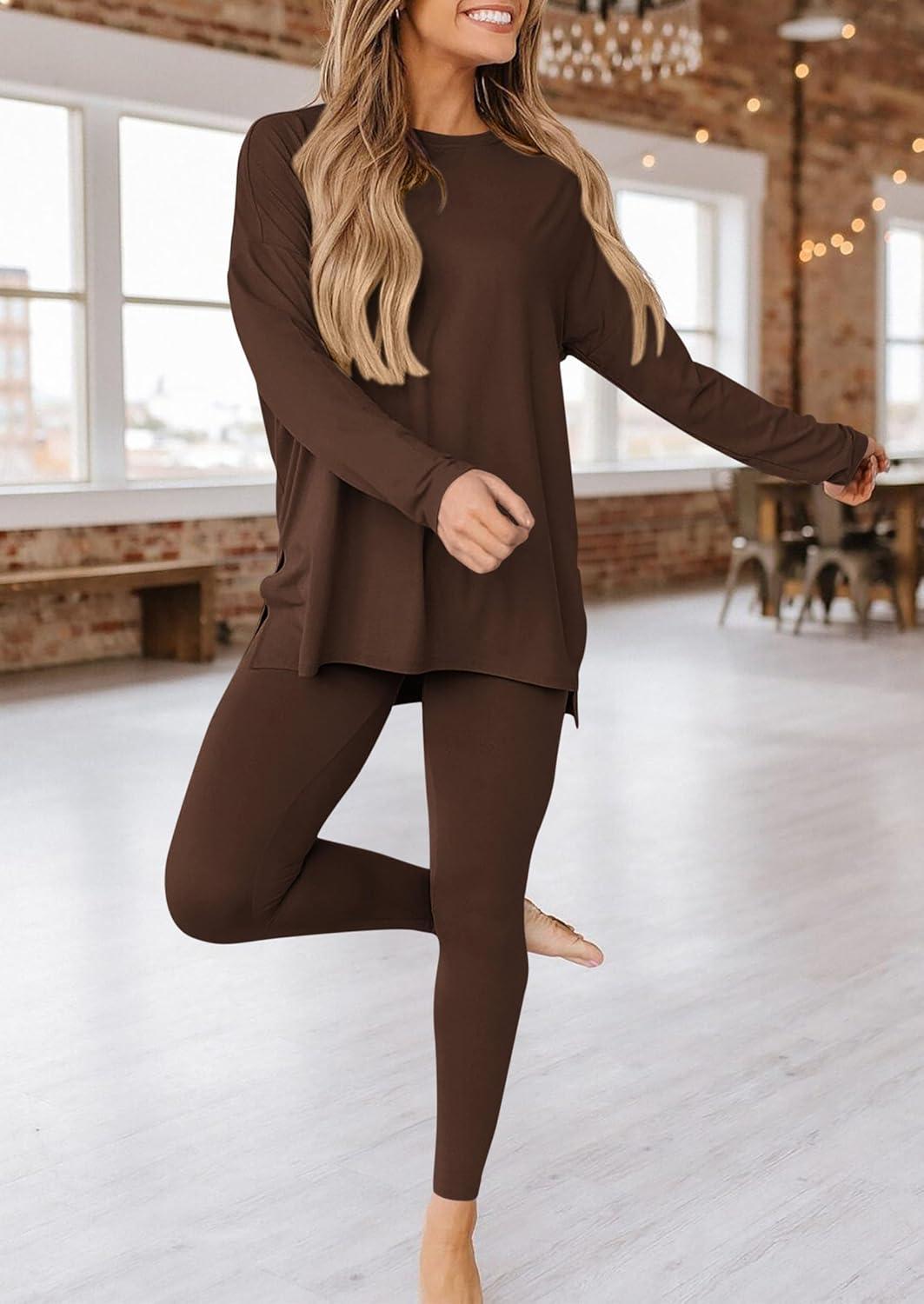 imagePRETTYGARDEN Womens 2 Piece Outfits 2026 Spring Long Sleeve Tunic Tops Legging Pants Fall Matching Lounge Sets SweatsuitsCoffee
