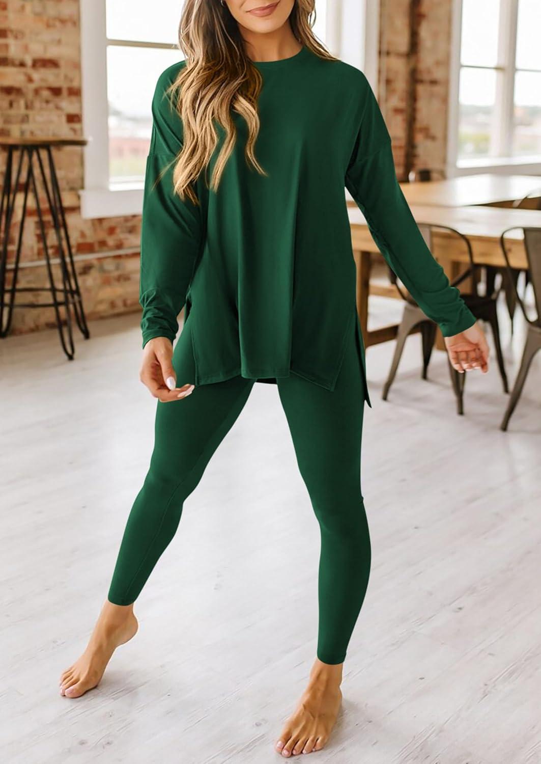imagePRETTYGARDEN Womens 2 Piece Outfits 2026 Spring Long Sleeve Tunic Tops Legging Pants Fall Matching Lounge Sets SweatsuitsDark Green