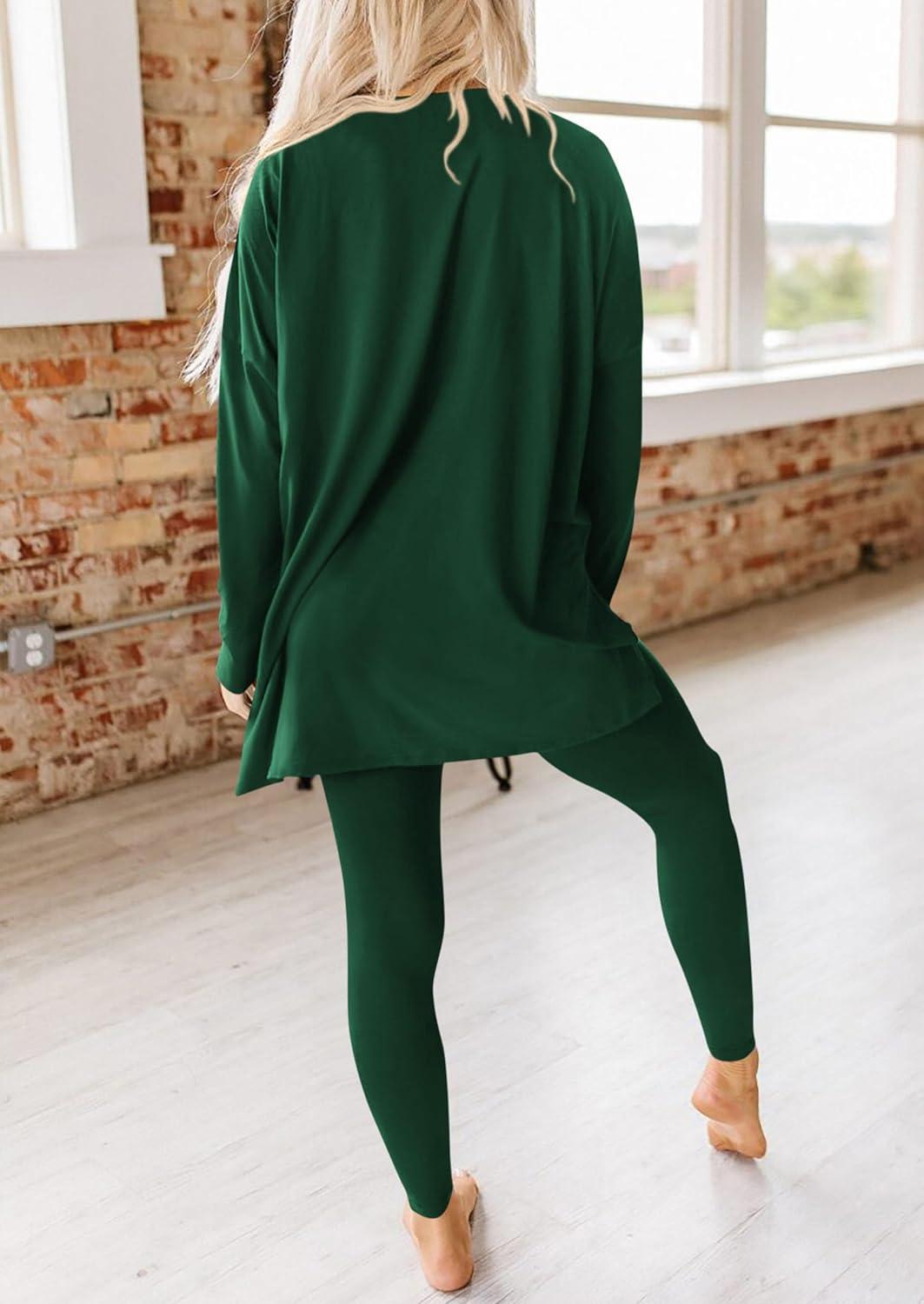 imagePRETTYGARDEN Womens 2 Piece Outfits 2026 Spring Long Sleeve Tunic Tops Legging Pants Fall Matching Lounge Sets SweatsuitsDark Green