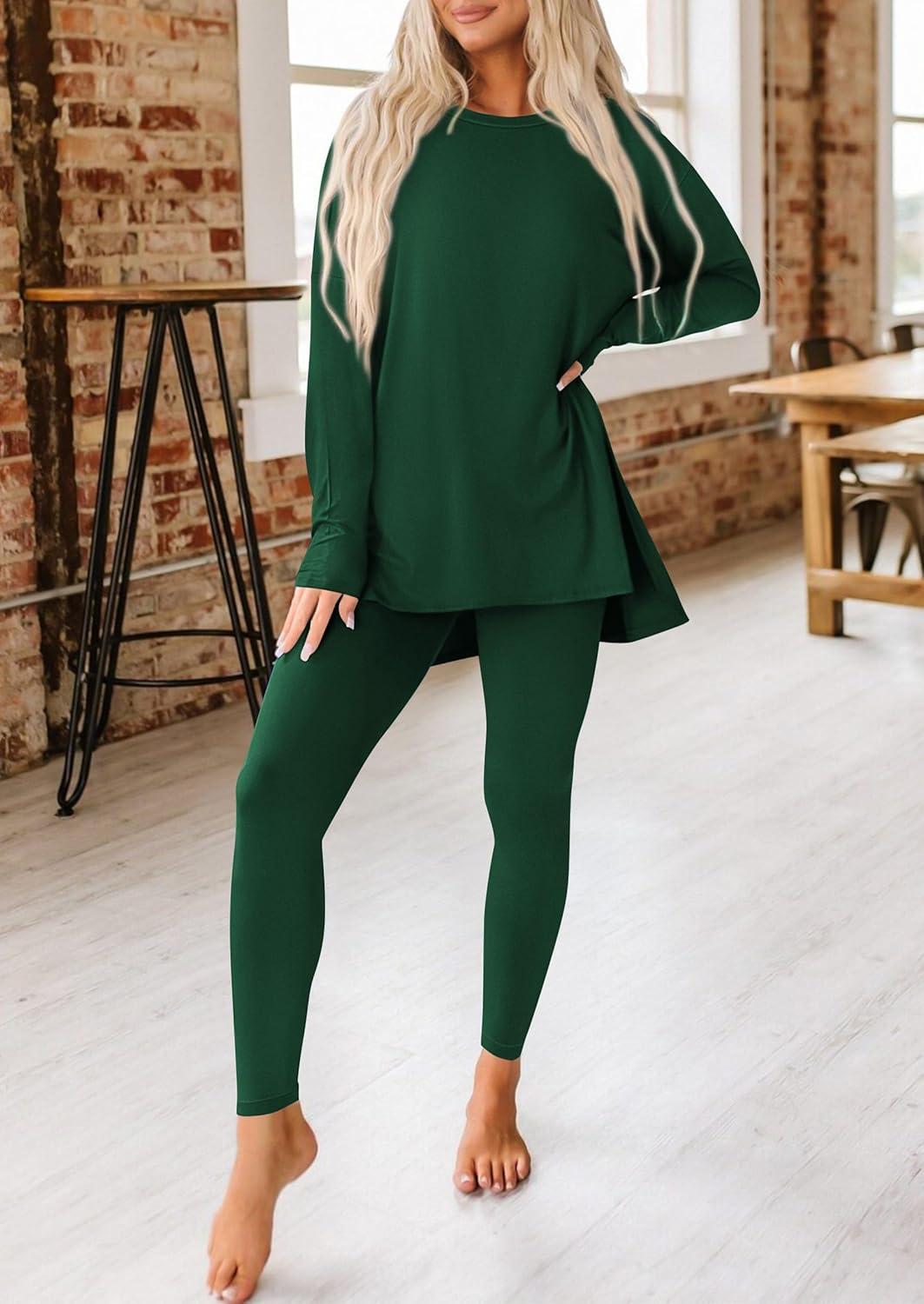 imagePRETTYGARDEN Womens 2 Piece Outfits 2026 Spring Long Sleeve Tunic Tops Legging Pants Fall Matching Lounge Sets SweatsuitsDark Green