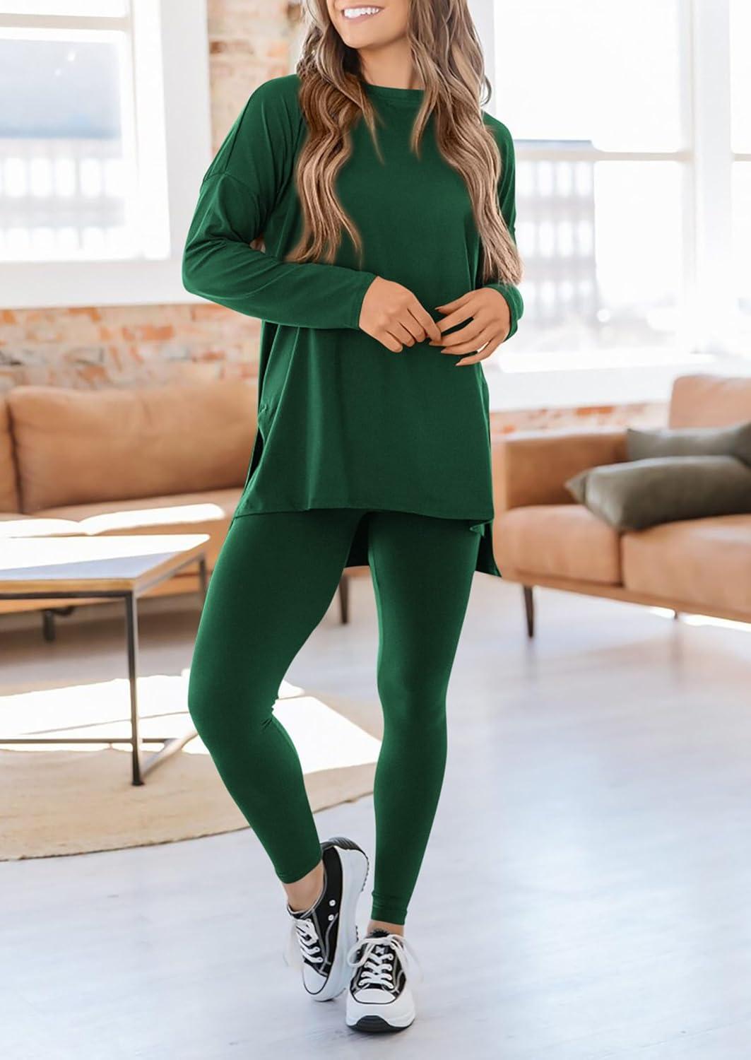 imagePRETTYGARDEN Womens 2 Piece Outfits 2026 Spring Long Sleeve Tunic Tops Legging Pants Fall Matching Lounge Sets SweatsuitsDark Green