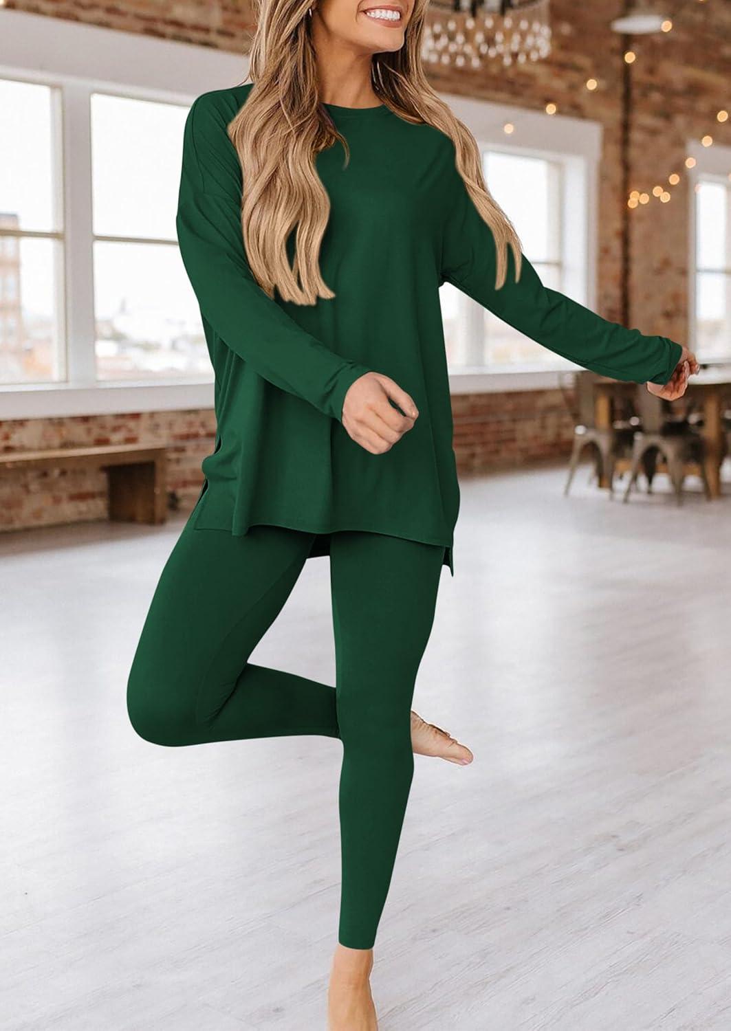 imagePRETTYGARDEN Womens 2 Piece Outfits 2026 Spring Long Sleeve Tunic Tops Legging Pants Fall Matching Lounge Sets SweatsuitsDark Green