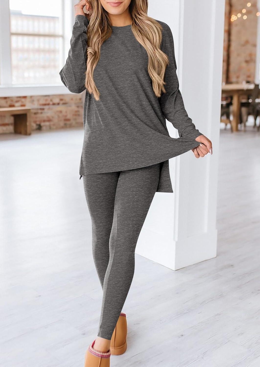 imagePRETTYGARDEN Womens 2 Piece Outfits 2026 Spring Long Sleeve Tunic Tops Legging Pants Fall Matching Lounge Sets SweatsuitsDark Grey