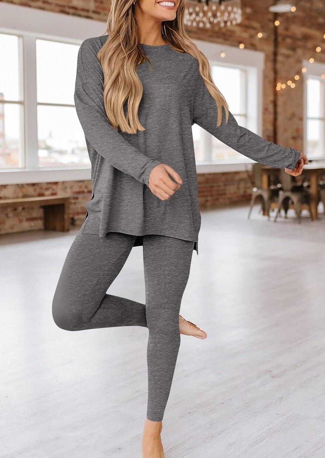 imagePRETTYGARDEN Womens 2 Piece Outfits 2026 Spring Long Sleeve Tunic Tops Legging Pants Fall Matching Lounge Sets SweatsuitsDark Grey