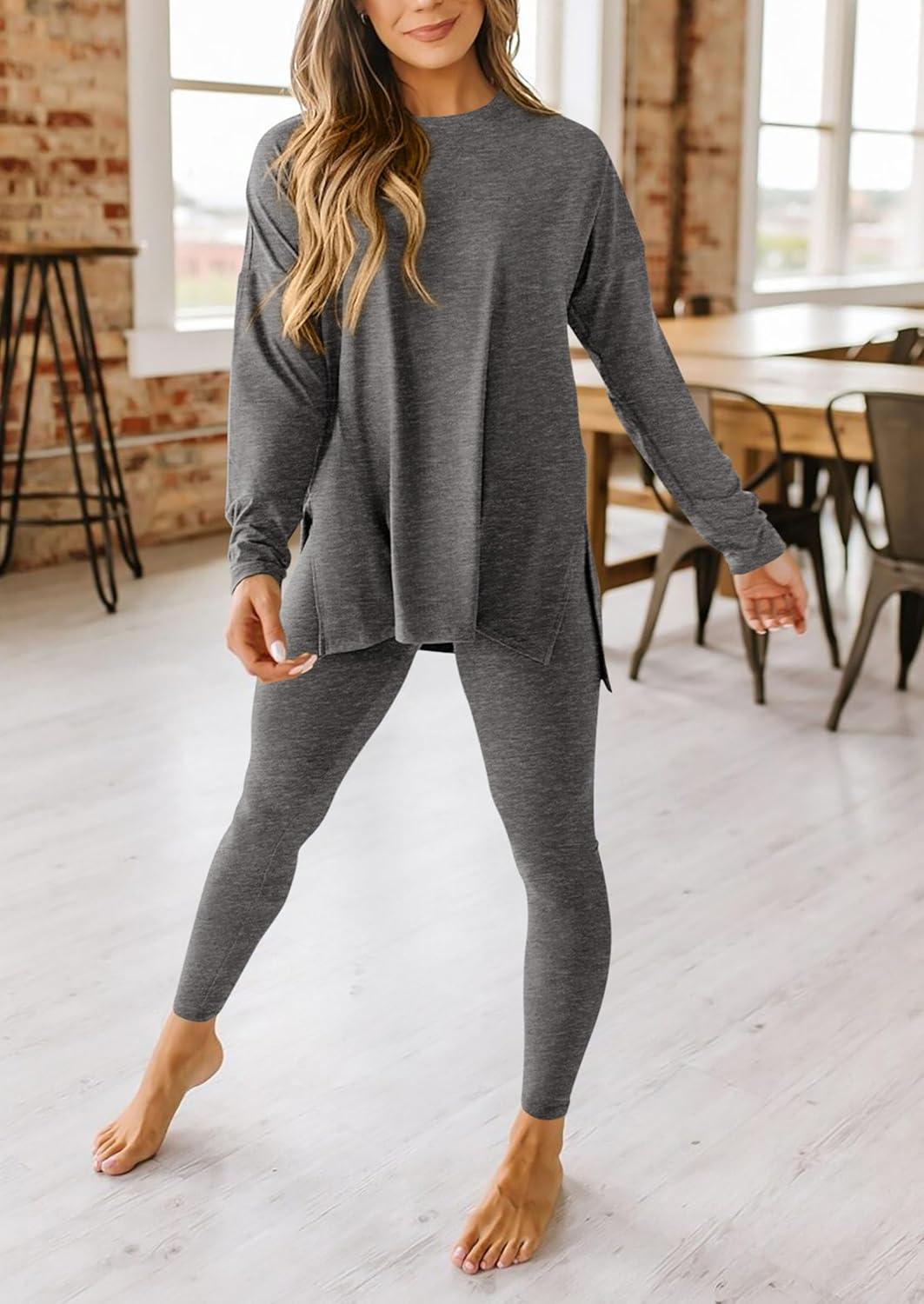 imagePRETTYGARDEN Womens 2 Piece Outfits 2026 Spring Long Sleeve Tunic Tops Legging Pants Fall Matching Lounge Sets SweatsuitsDark Grey