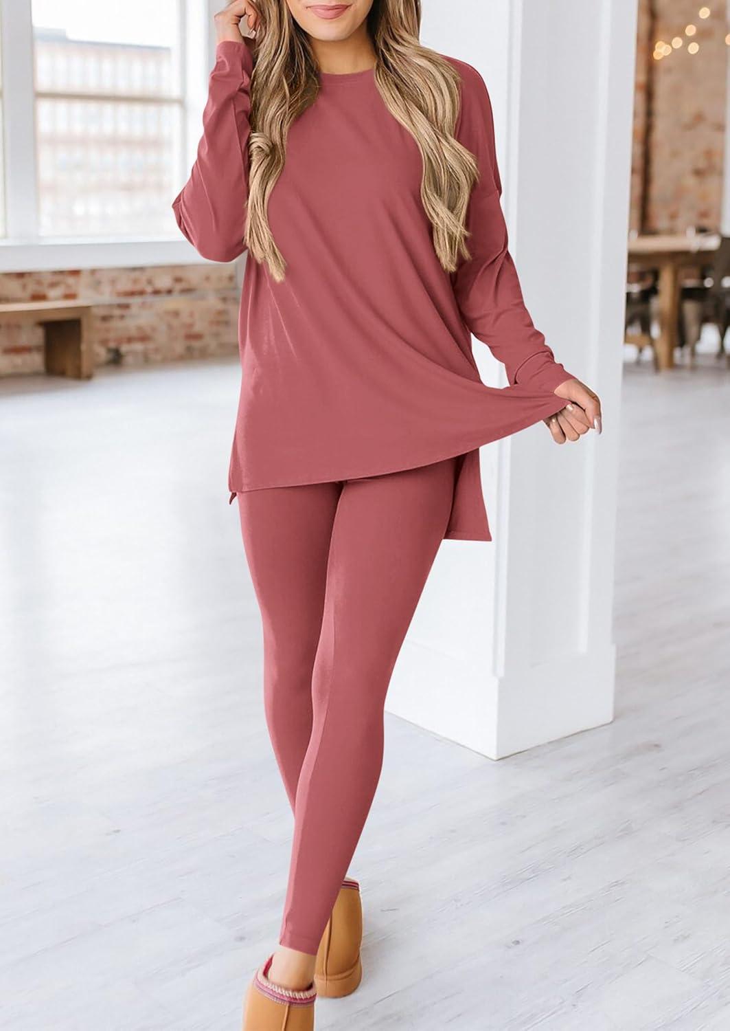 imagePRETTYGARDEN Womens 2 Piece Outfits 2026 Spring Long Sleeve Tunic Tops Legging Pants Fall Matching Lounge Sets SweatsuitsDusty Pink