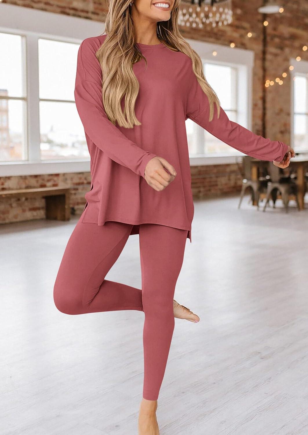 imagePRETTYGARDEN Womens 2 Piece Outfits 2026 Spring Long Sleeve Tunic Tops Legging Pants Fall Matching Lounge Sets SweatsuitsDusty Pink