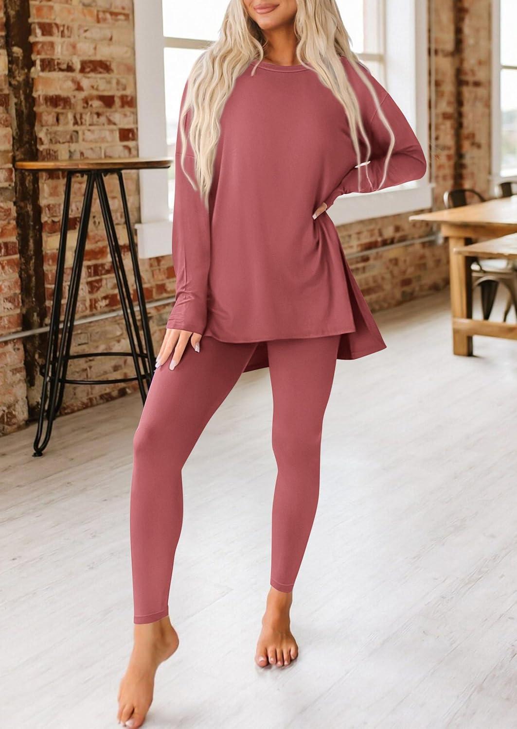imagePRETTYGARDEN Womens 2 Piece Outfits 2026 Spring Long Sleeve Tunic Tops Legging Pants Fall Matching Lounge Sets SweatsuitsDusty Pink