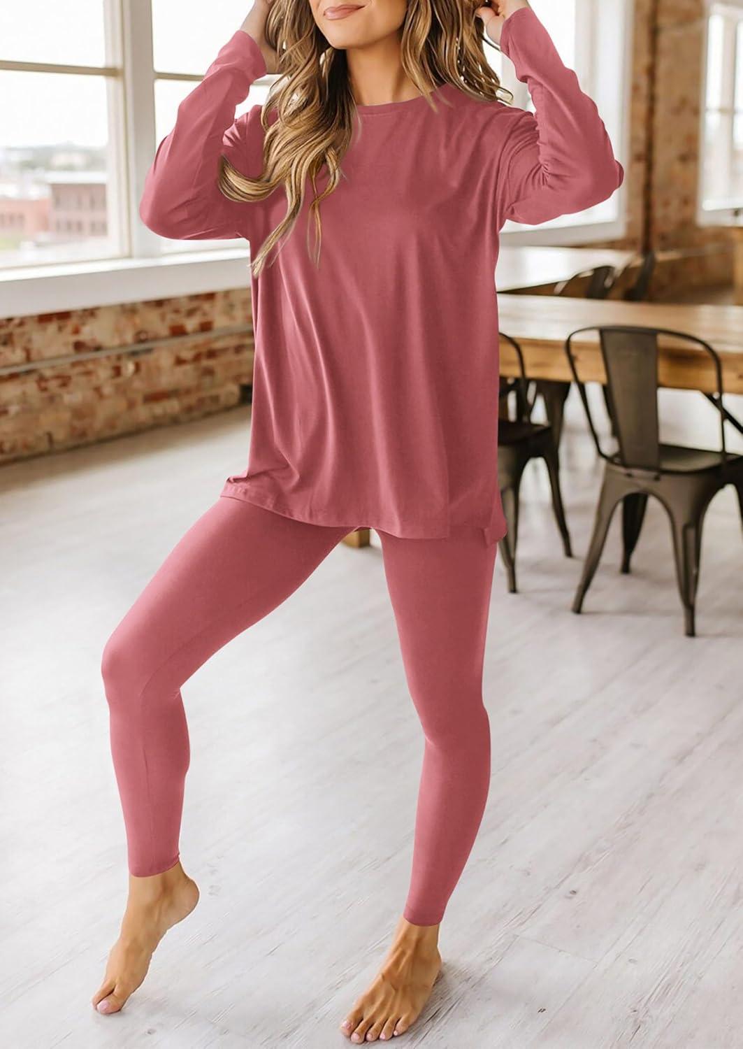 imagePRETTYGARDEN Womens 2 Piece Outfits 2026 Spring Long Sleeve Tunic Tops Legging Pants Fall Matching Lounge Sets SweatsuitsDusty Pink