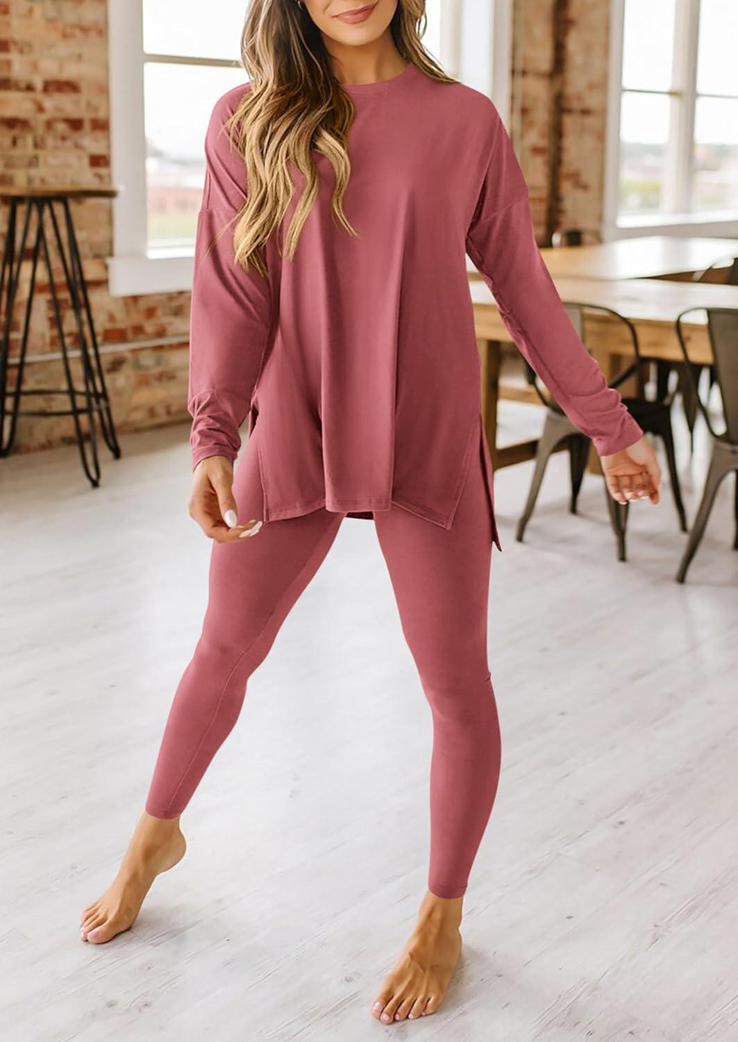 imagePRETTYGARDEN Womens 2 Piece Outfits 2026 Spring Long Sleeve Tunic Tops Legging Pants Fall Matching Lounge Sets SweatsuitsDusty Pink