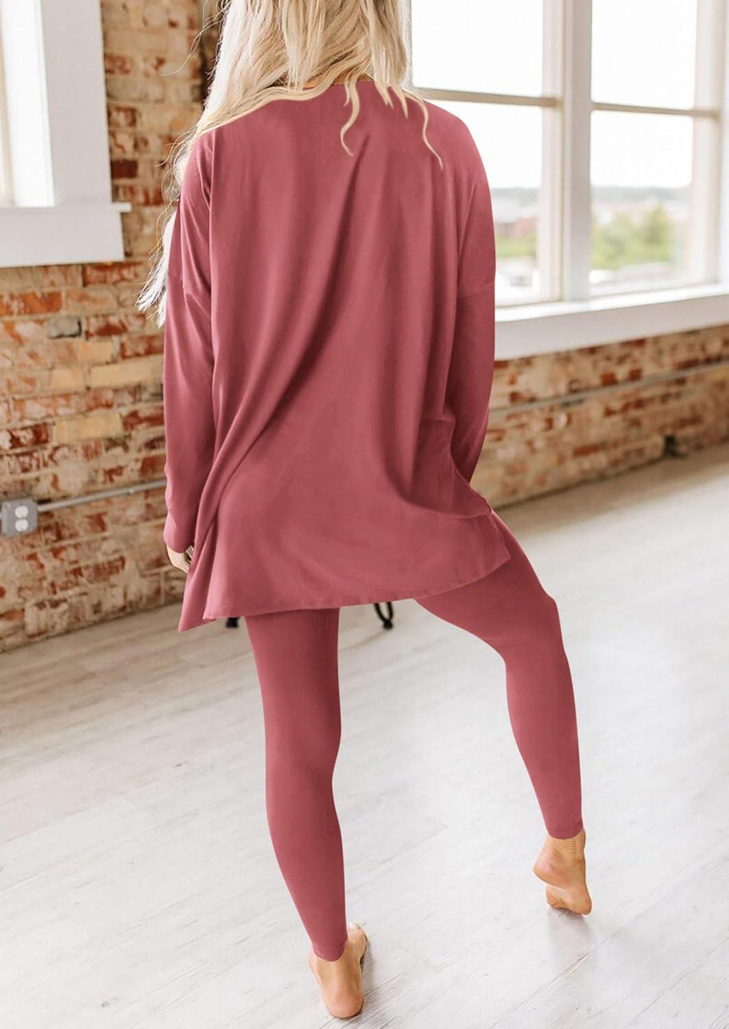 imagePRETTYGARDEN Womens 2 Piece Outfits 2026 Spring Long Sleeve Tunic Tops Legging Pants Fall Matching Lounge Sets SweatsuitsDusty Pink
