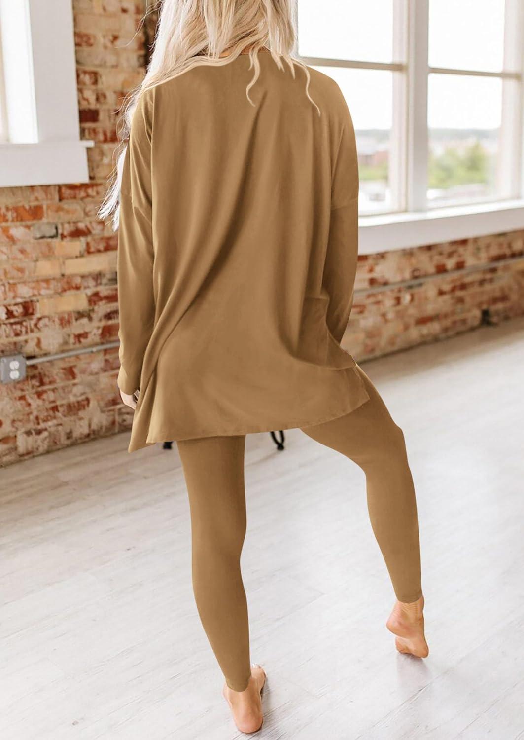 imagePRETTYGARDEN Womens 2 Piece Outfits 2026 Spring Long Sleeve Tunic Tops Legging Pants Fall Matching Lounge Sets SweatsuitsKhaki