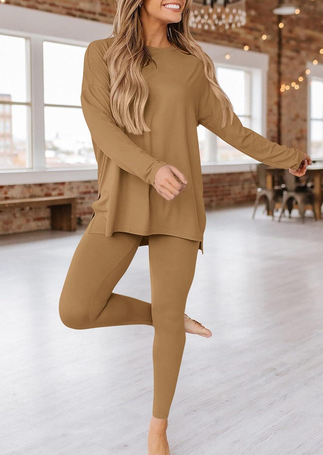 imagePRETTYGARDEN Womens 2 Piece Outfits 2026 Spring Long Sleeve Tunic Tops Legging Pants Fall Matching Lounge Sets SweatsuitsKhaki