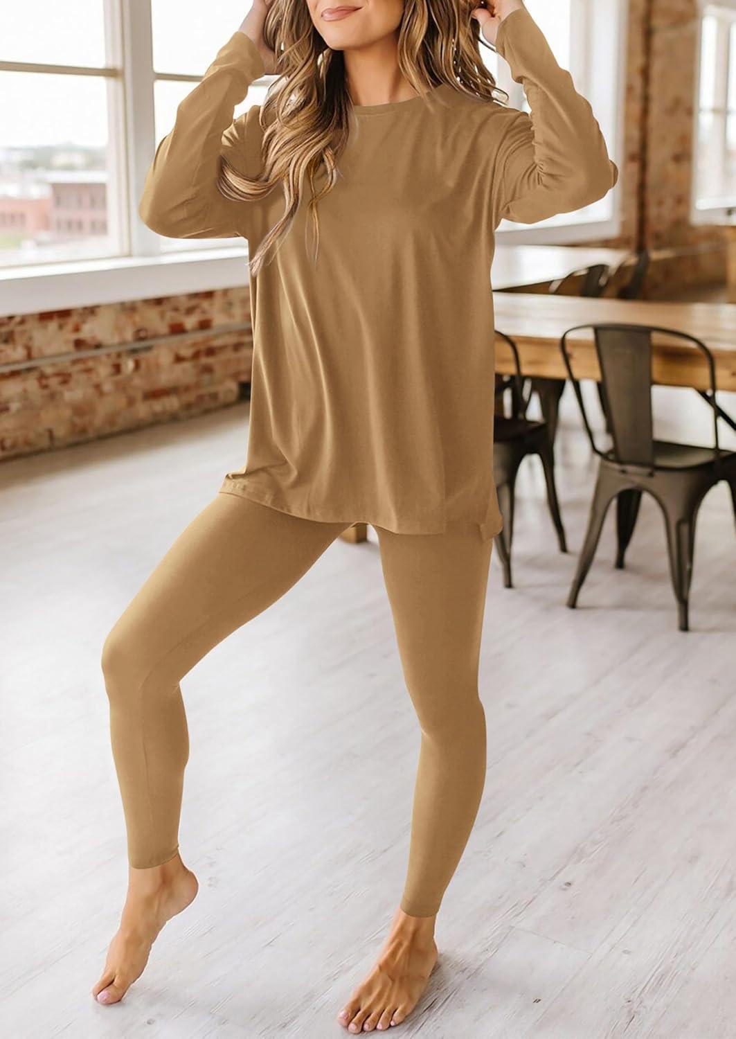 imagePRETTYGARDEN Womens 2 Piece Outfits 2026 Spring Long Sleeve Tunic Tops Legging Pants Fall Matching Lounge Sets SweatsuitsKhaki