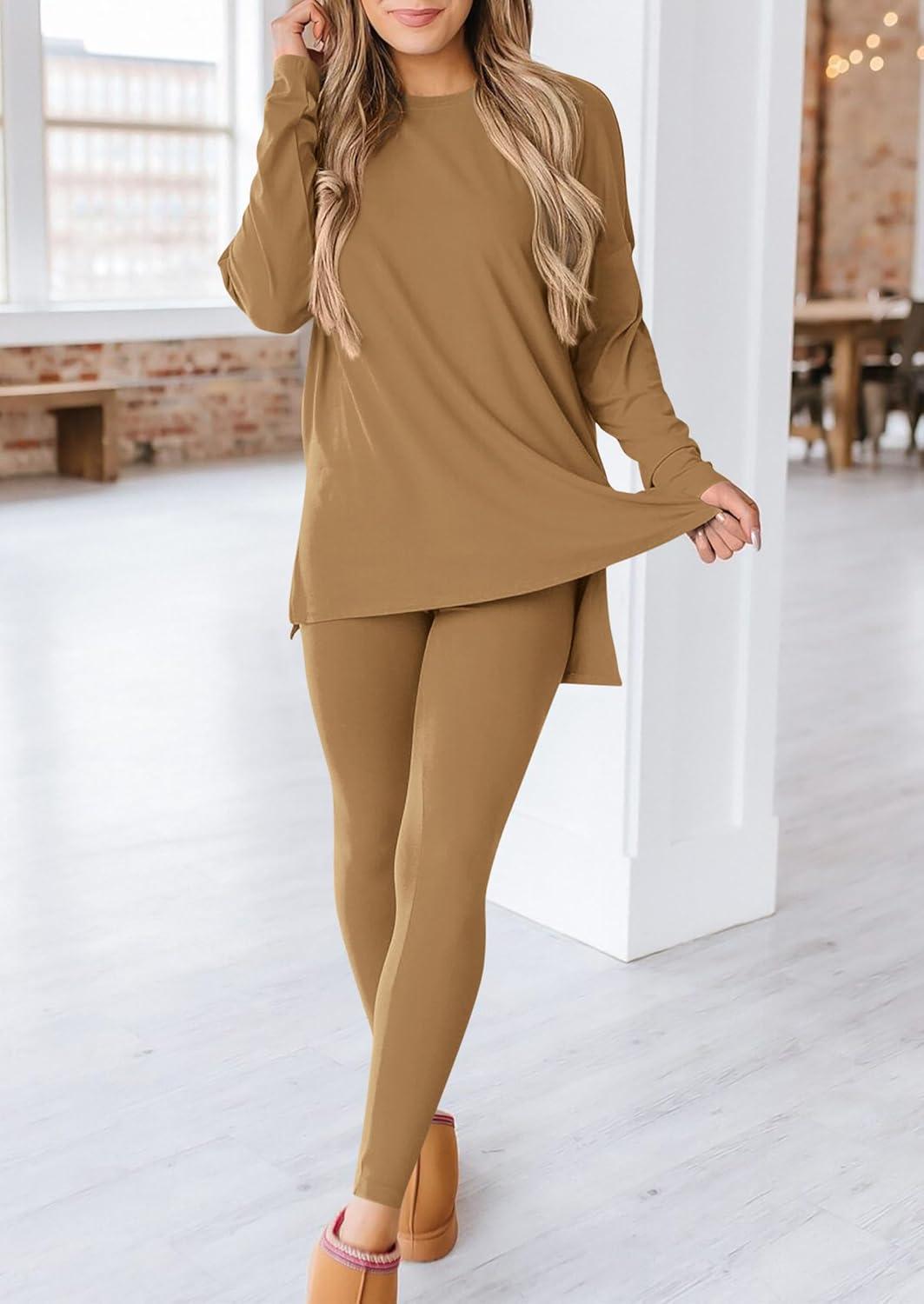imagePRETTYGARDEN Womens 2 Piece Outfits 2026 Spring Long Sleeve Tunic Tops Legging Pants Fall Matching Lounge Sets SweatsuitsKhaki