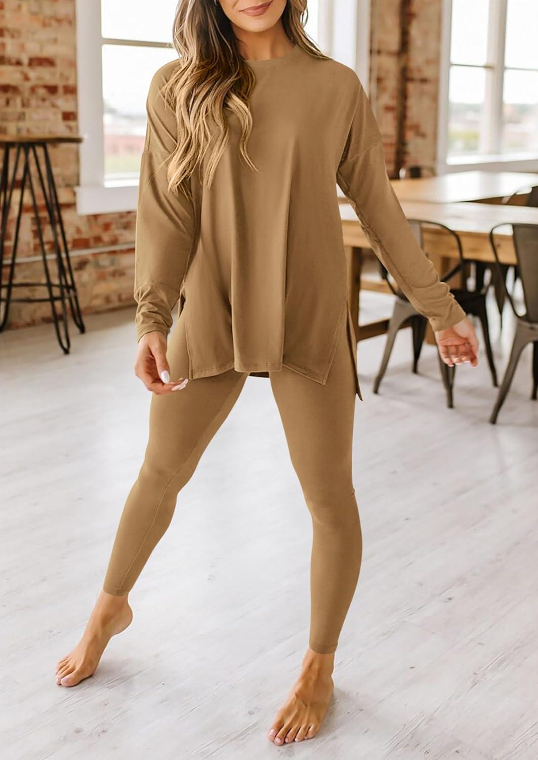 imagePRETTYGARDEN Womens 2 Piece Outfits 2026 Spring Long Sleeve Tunic Tops Legging Pants Fall Matching Lounge Sets SweatsuitsKhaki