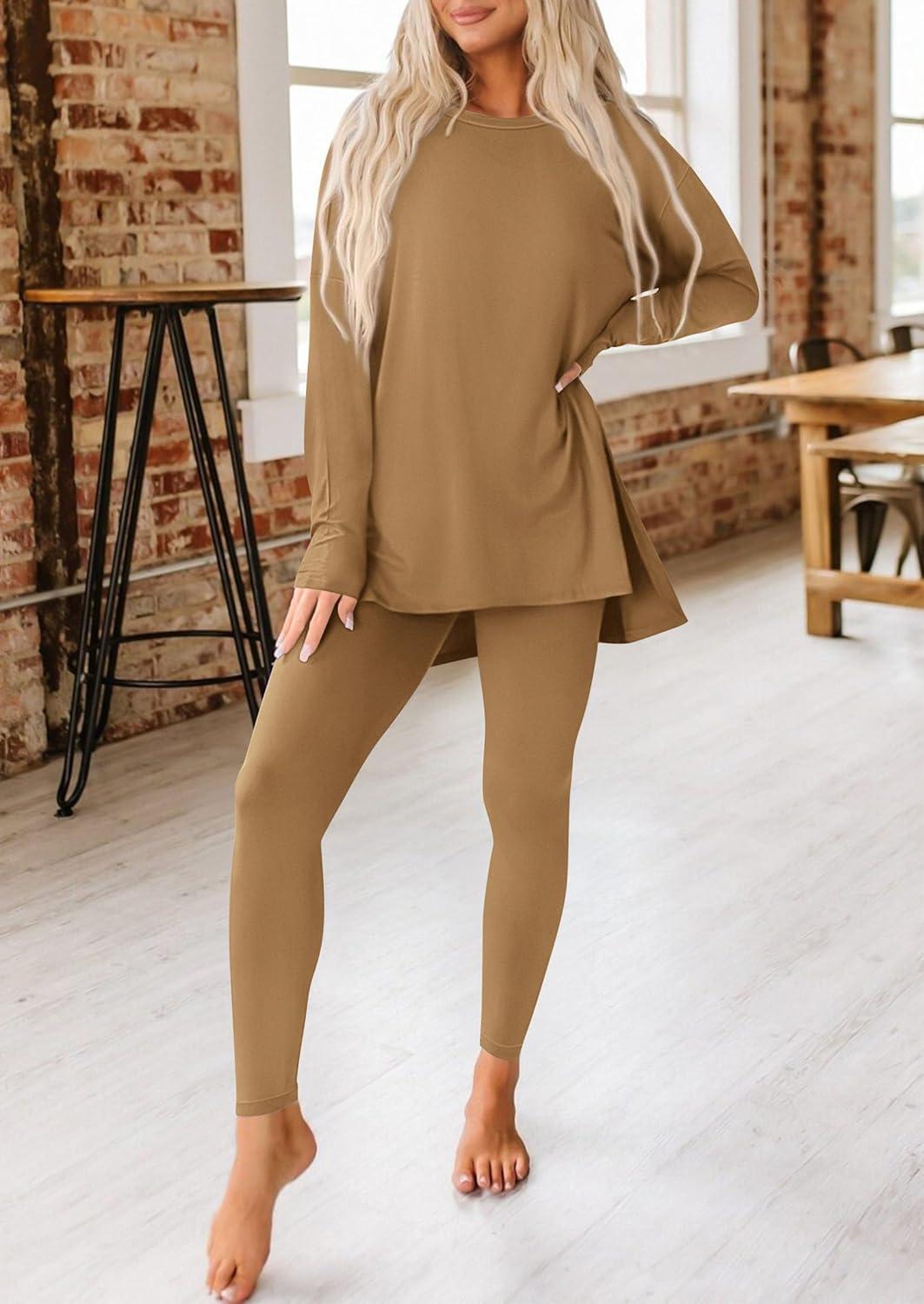 imagePRETTYGARDEN Womens 2 Piece Outfits 2026 Spring Long Sleeve Tunic Tops Legging Pants Fall Matching Lounge Sets SweatsuitsKhaki