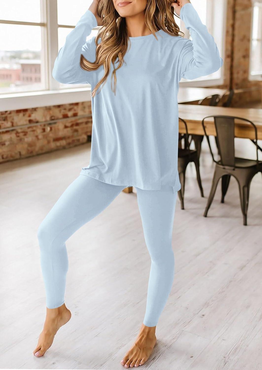 imagePRETTYGARDEN Womens 2 Piece Outfits 2026 Spring Long Sleeve Tunic Tops Legging Pants Fall Matching Lounge Sets SweatsuitsLight Blue
